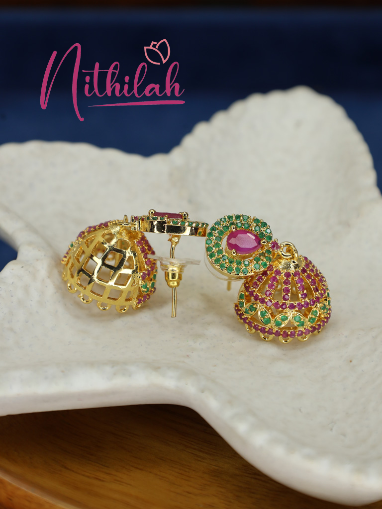 Gold-plated pink and green AD jhumka earrings showing the teardrop pink centre stone, multicolour dome design, and push-back posts.
