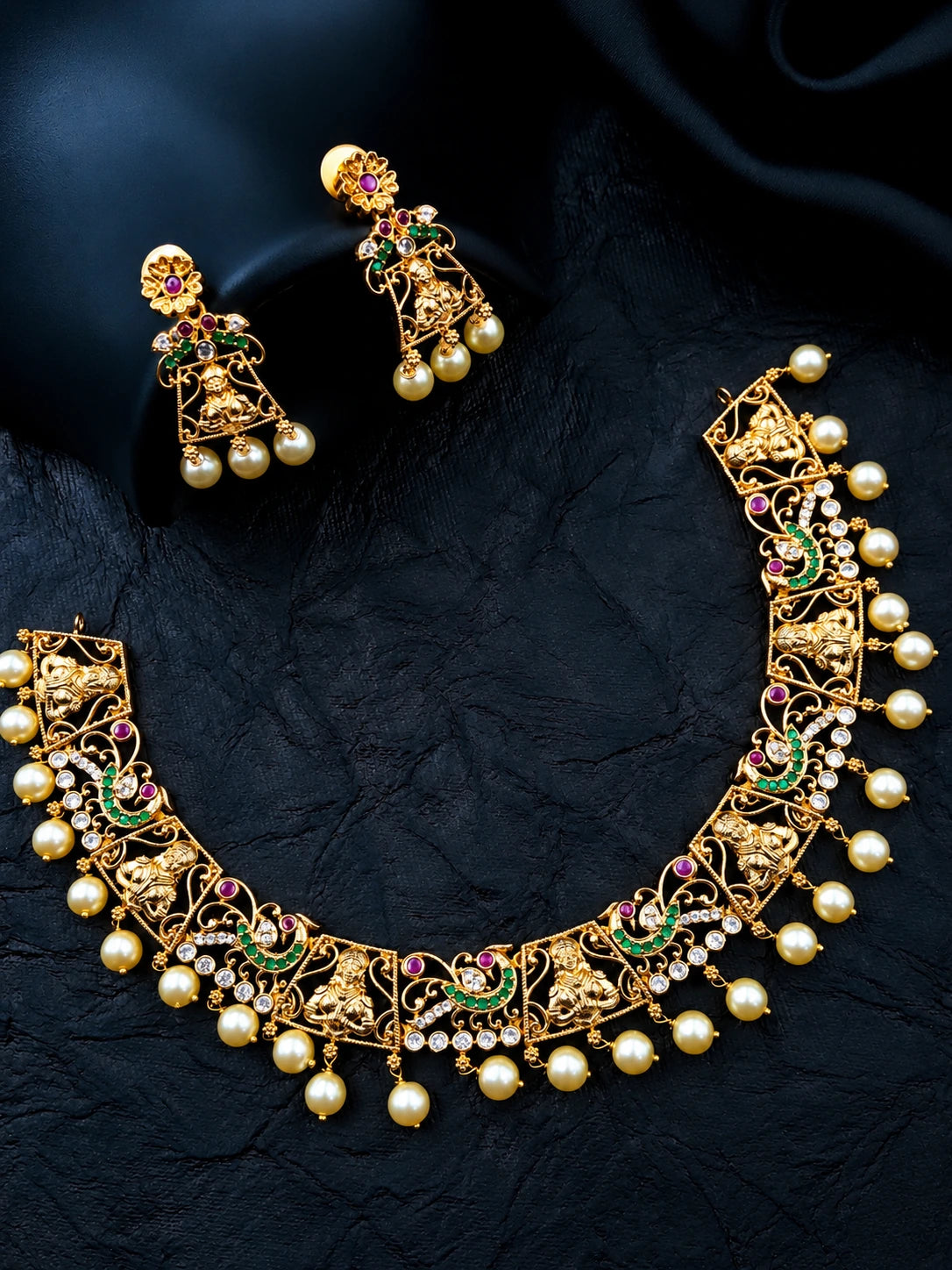 Matte gold Vanakkam lady choker necklace set with multicolour stones and pearl drops