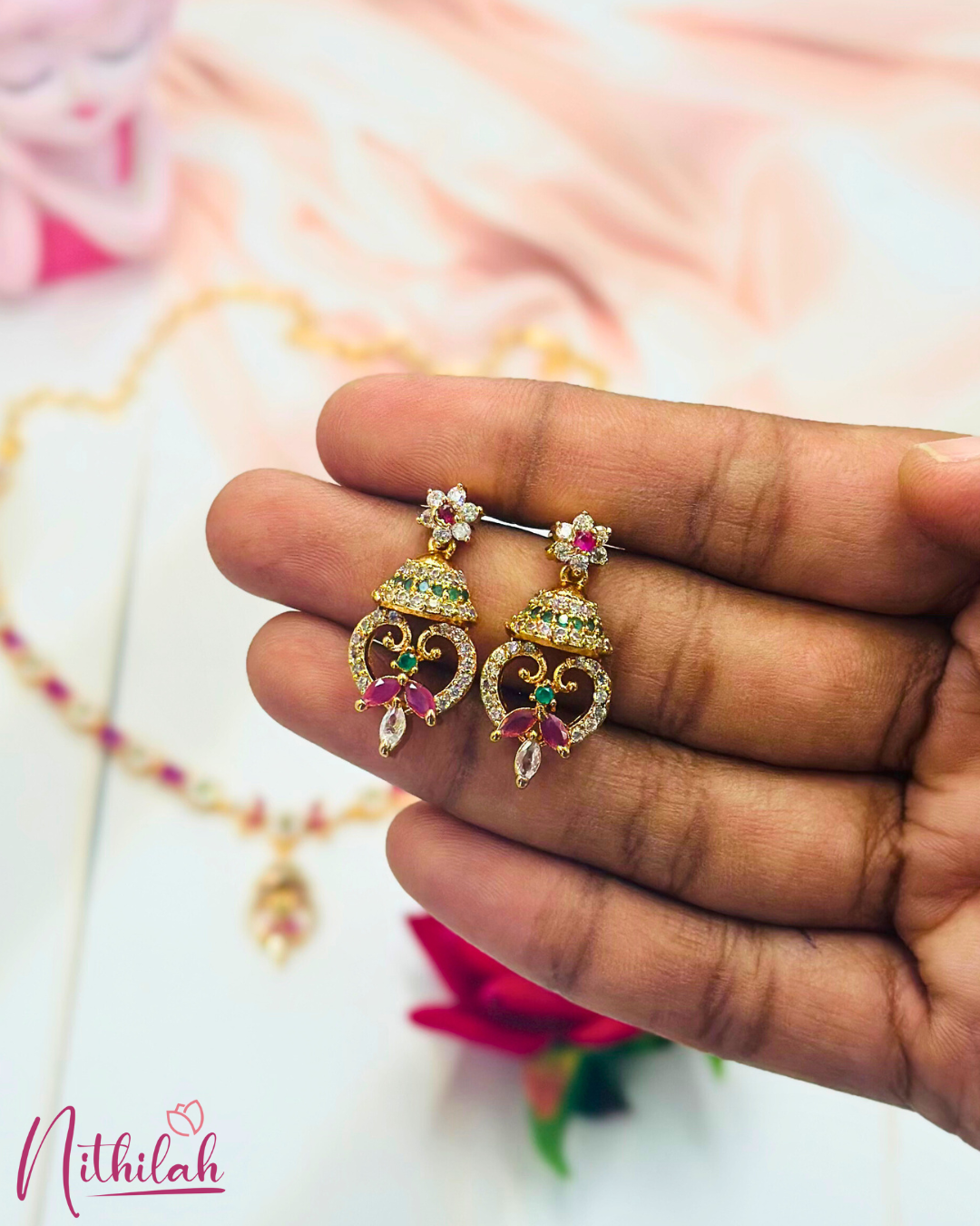 Ruby Pink CZ Gold Finish Earrings from Necklace Set