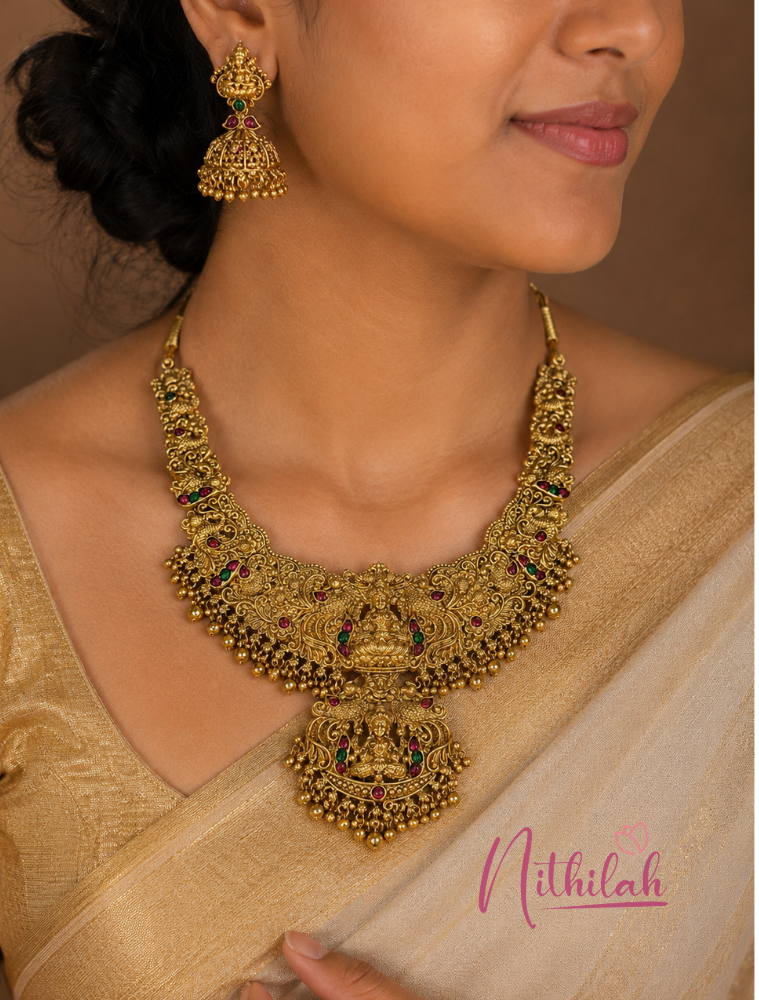 Premium Antique Lakshmi Temple Necklace Set with Traditional Jhumka Earrings
