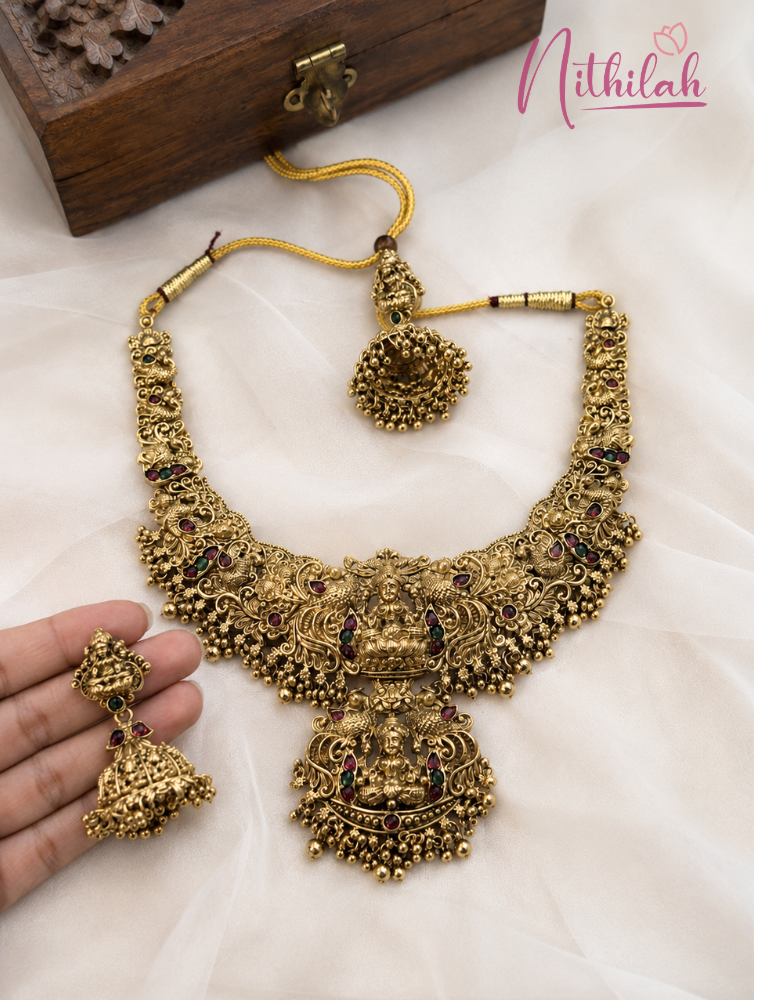 Premium Antique Lakshmi Temple Necklace Set with Traditional Jhumka Earrings