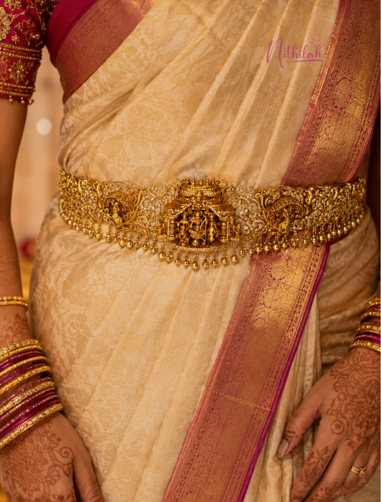 Model wearing Premium Gold Plated Temple Hip Belt for South Indian Bride 