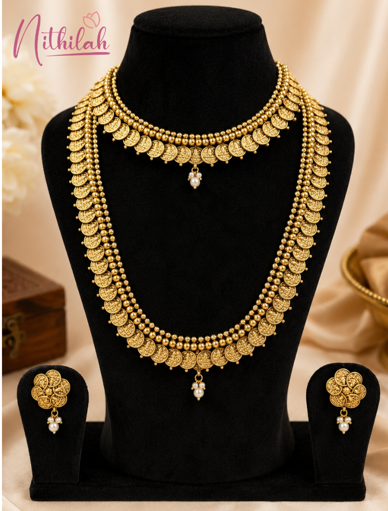 Gold Finish Coin Necklace Set for Women with Matching Earrings on Premium Display Stand.