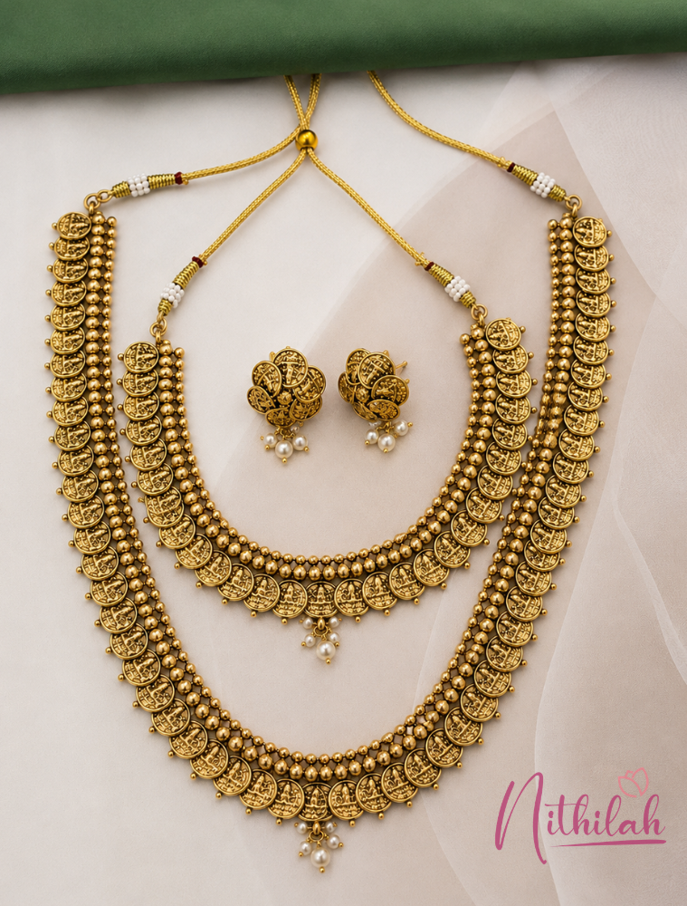 South Indian Gold Finish Kaasu Malai Necklace Set with Matching Earrings for Women.