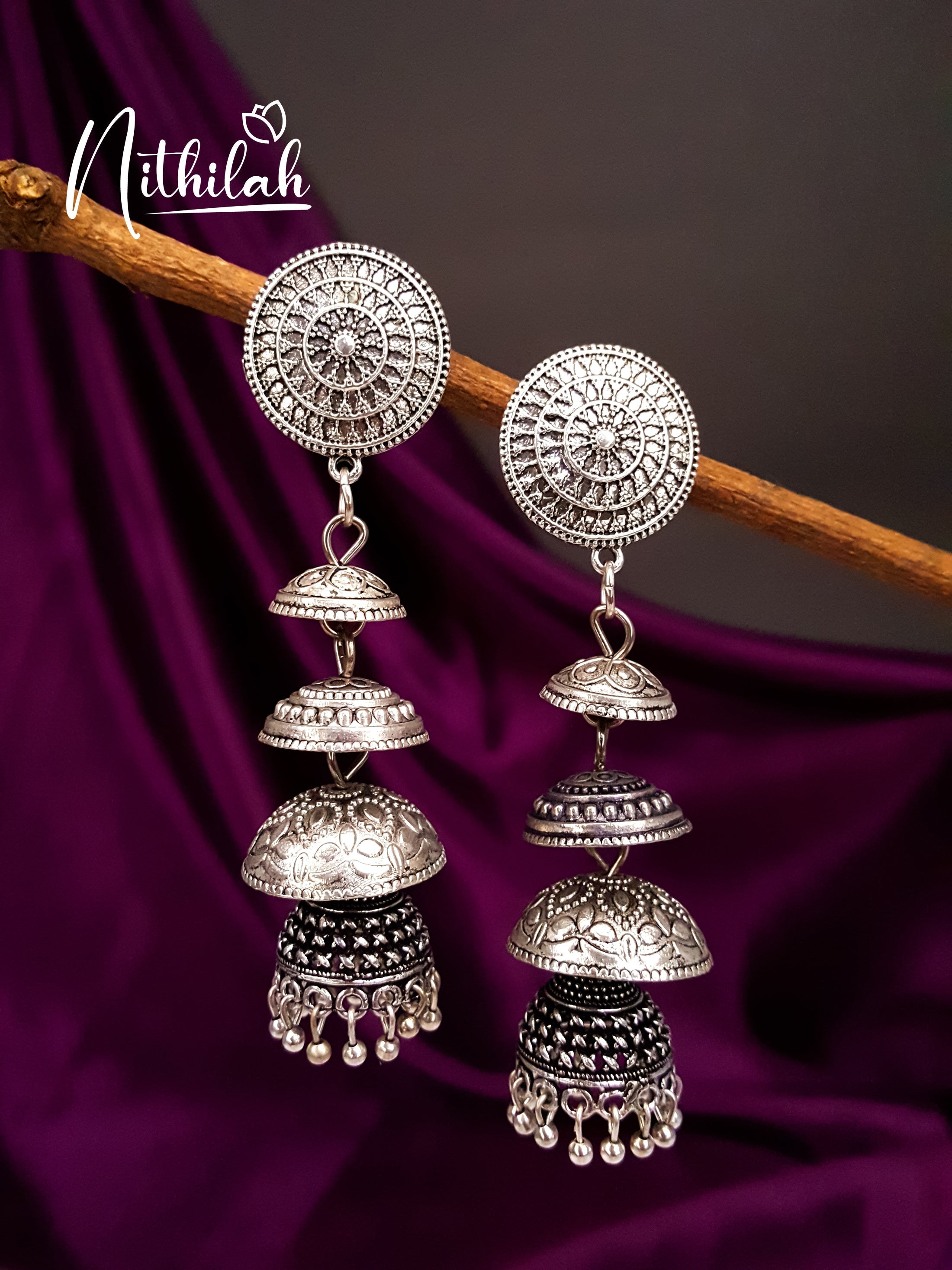 Nithilah 3 Layer Oxidised Jhumka Earrings