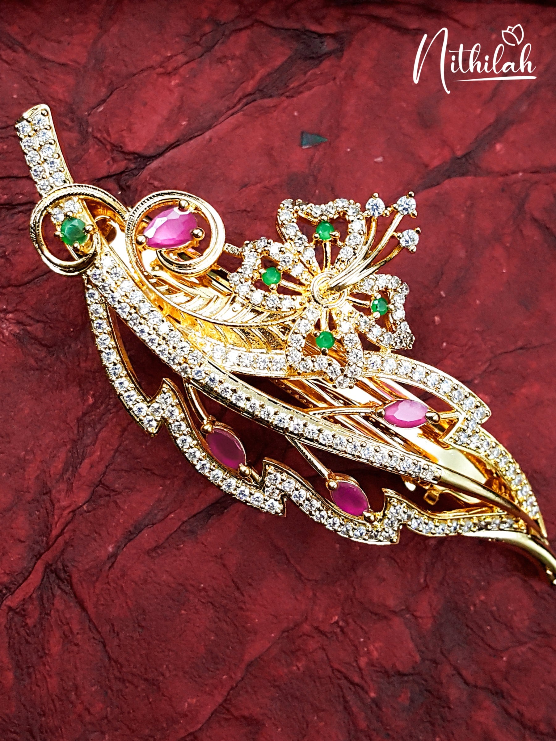 Nithilah AD Feather with Flower Hair Brooch Clip Gold