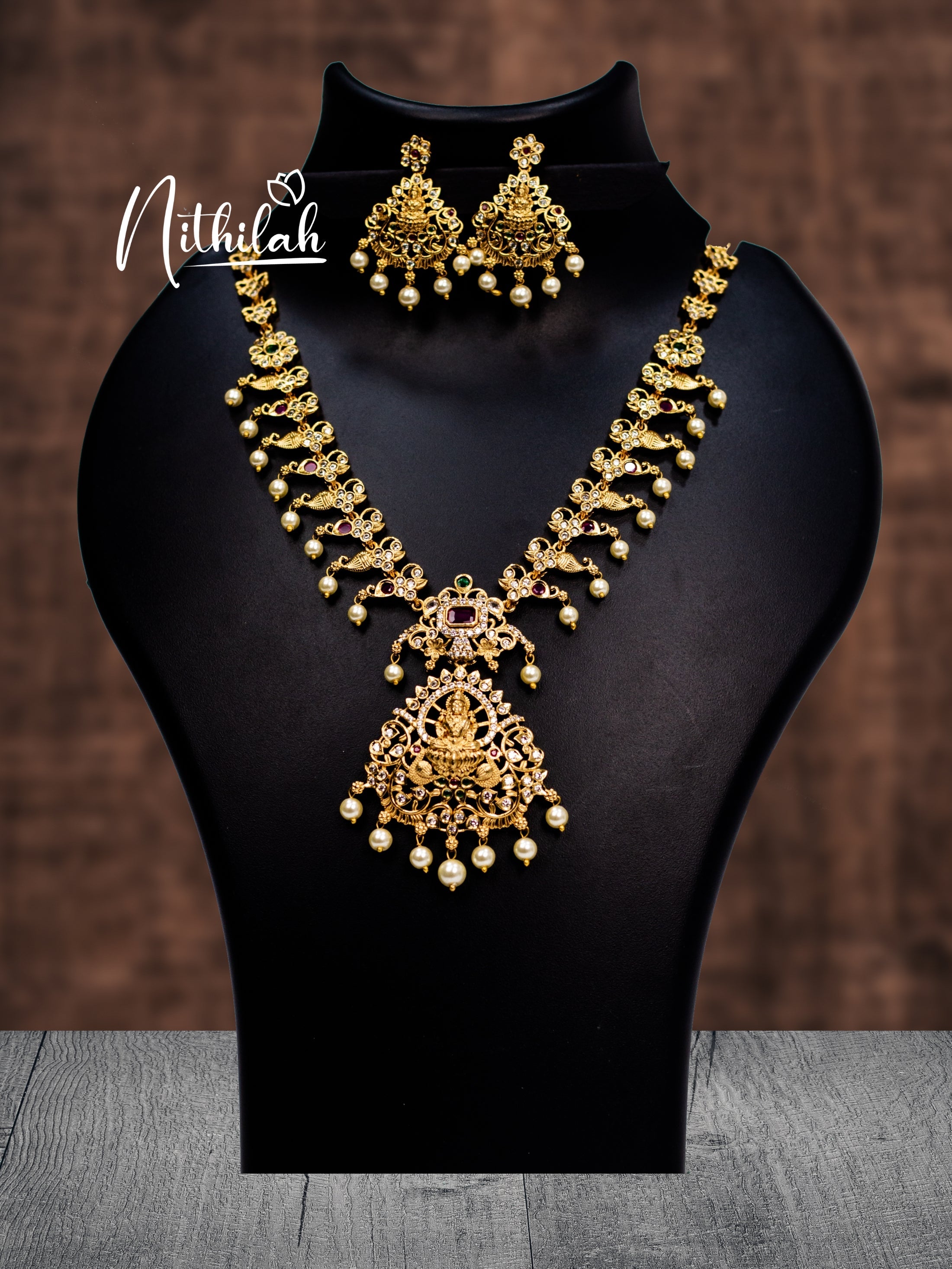 Buy Antique Lakshmi Peacock Pear AD Gold Necklace 