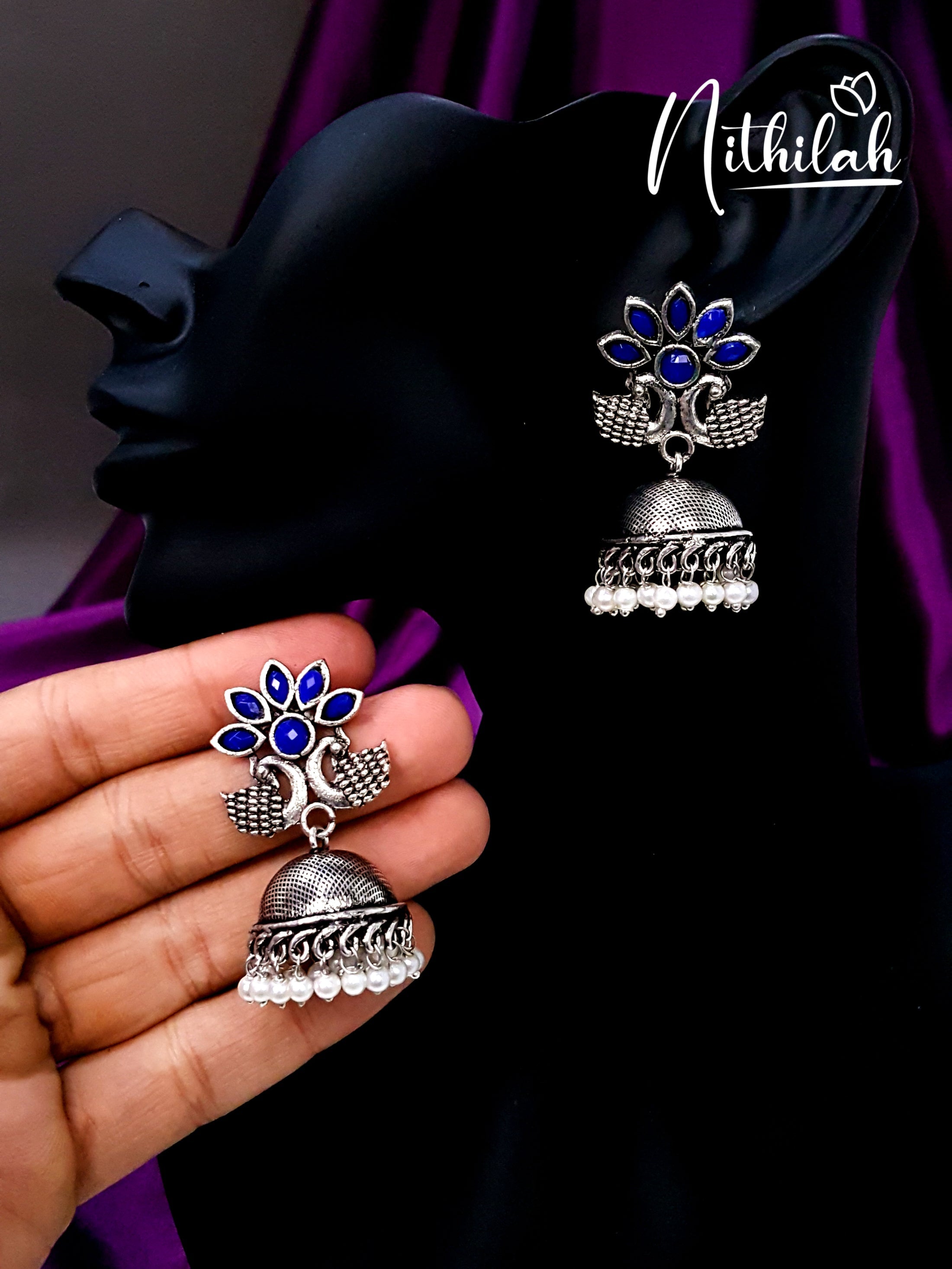 Blue peacocks Oxidised Jhumka silver earrings