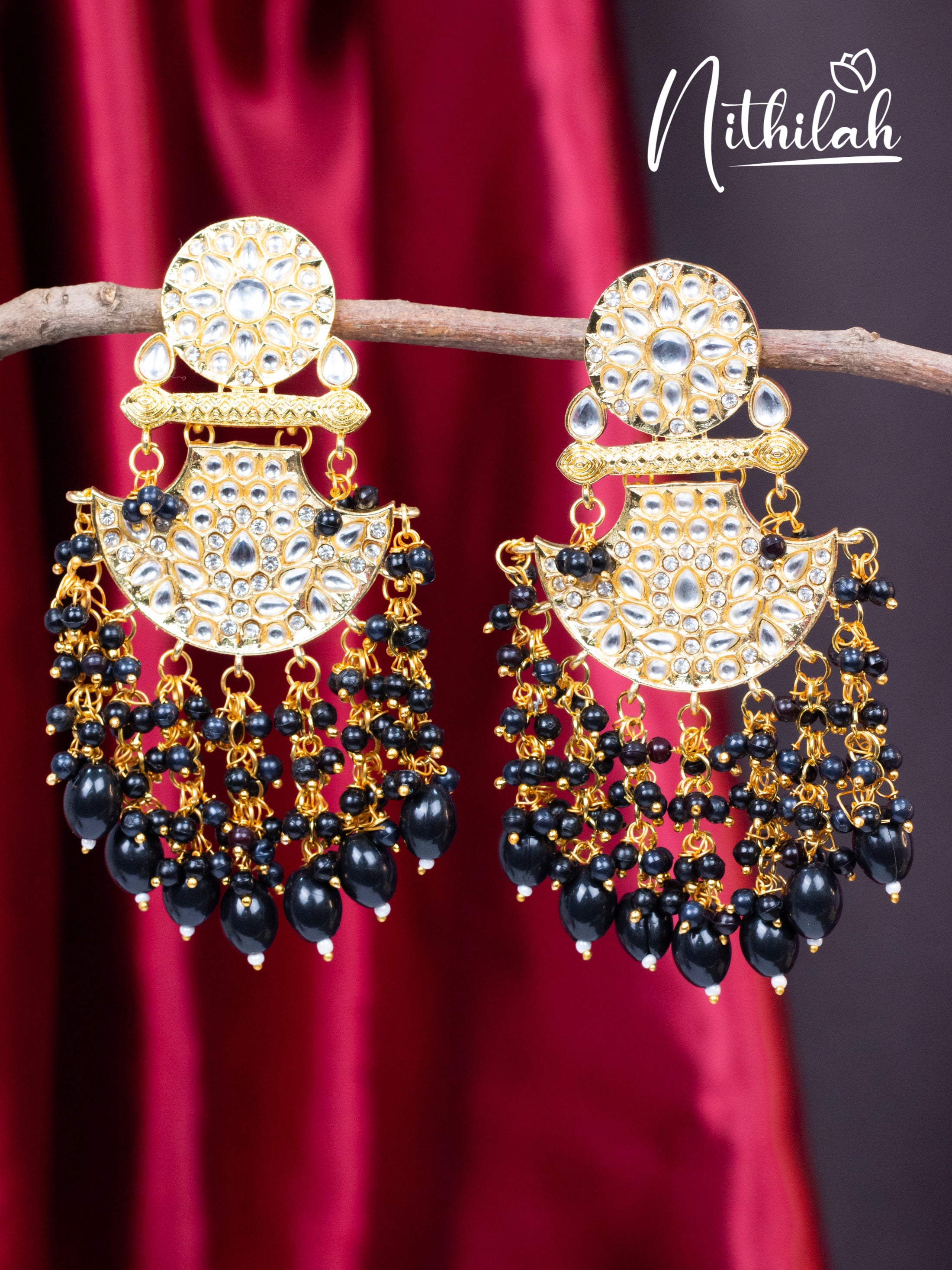 Buy Black Beads Kundan Chandelier Earrings | Kundan Earrings