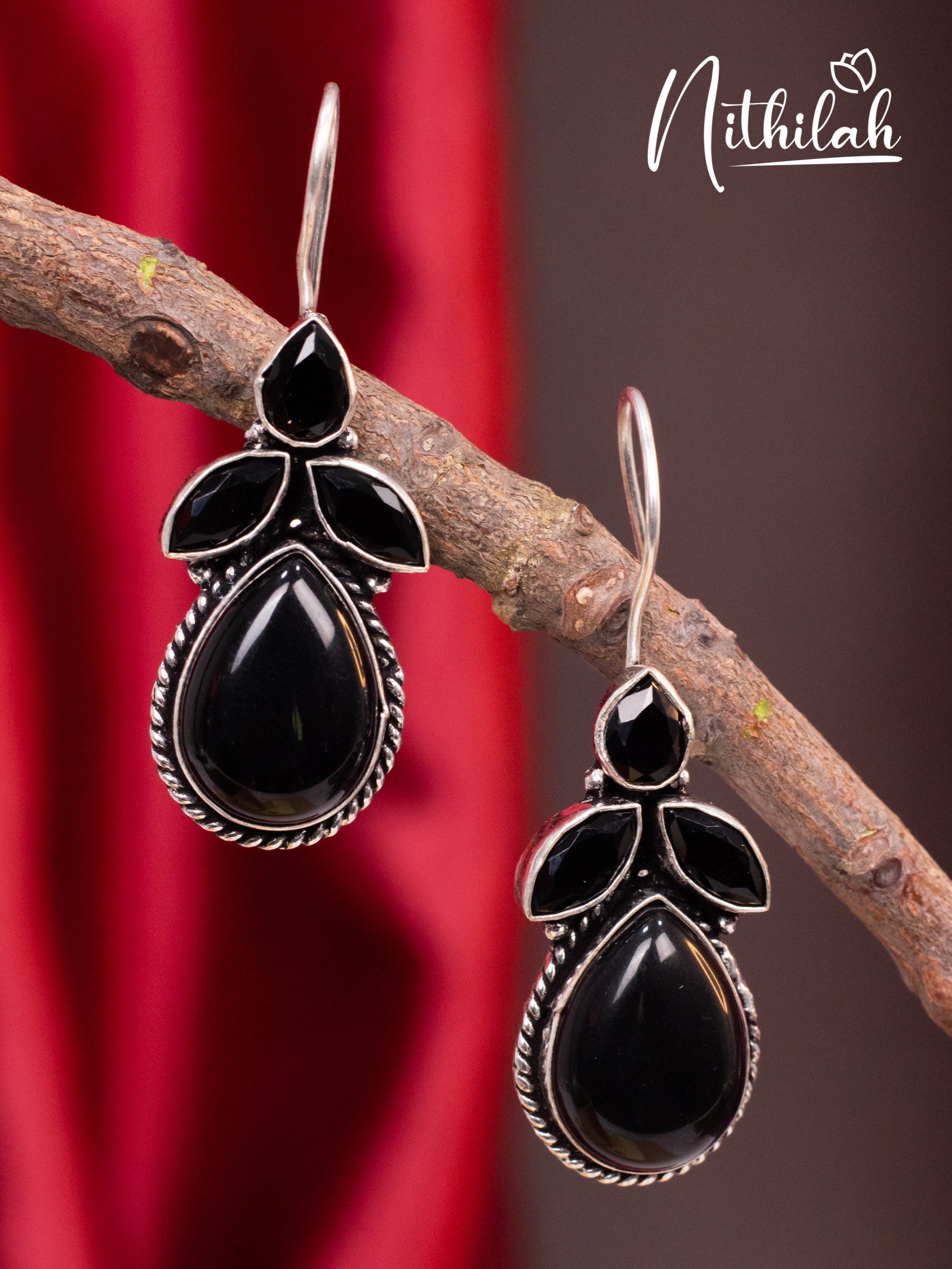Black Hanging Leaf Drops Oxidised Earrings N10E201