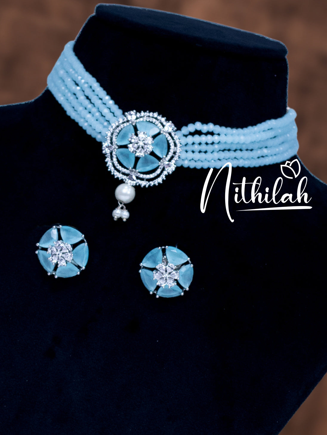 Blue Crystal Beads American Diamond Choker Necklace N19C162