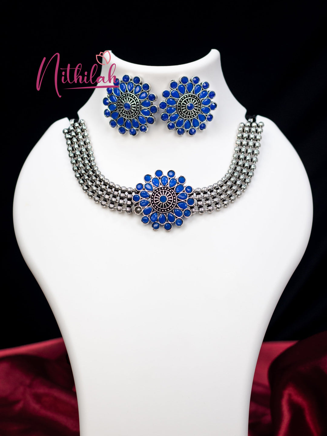 Navratri Ethnic Stylish Boho Silver Oxidised Choker Necklace Jewellery Set With Earrings & Maang Tikka For Women