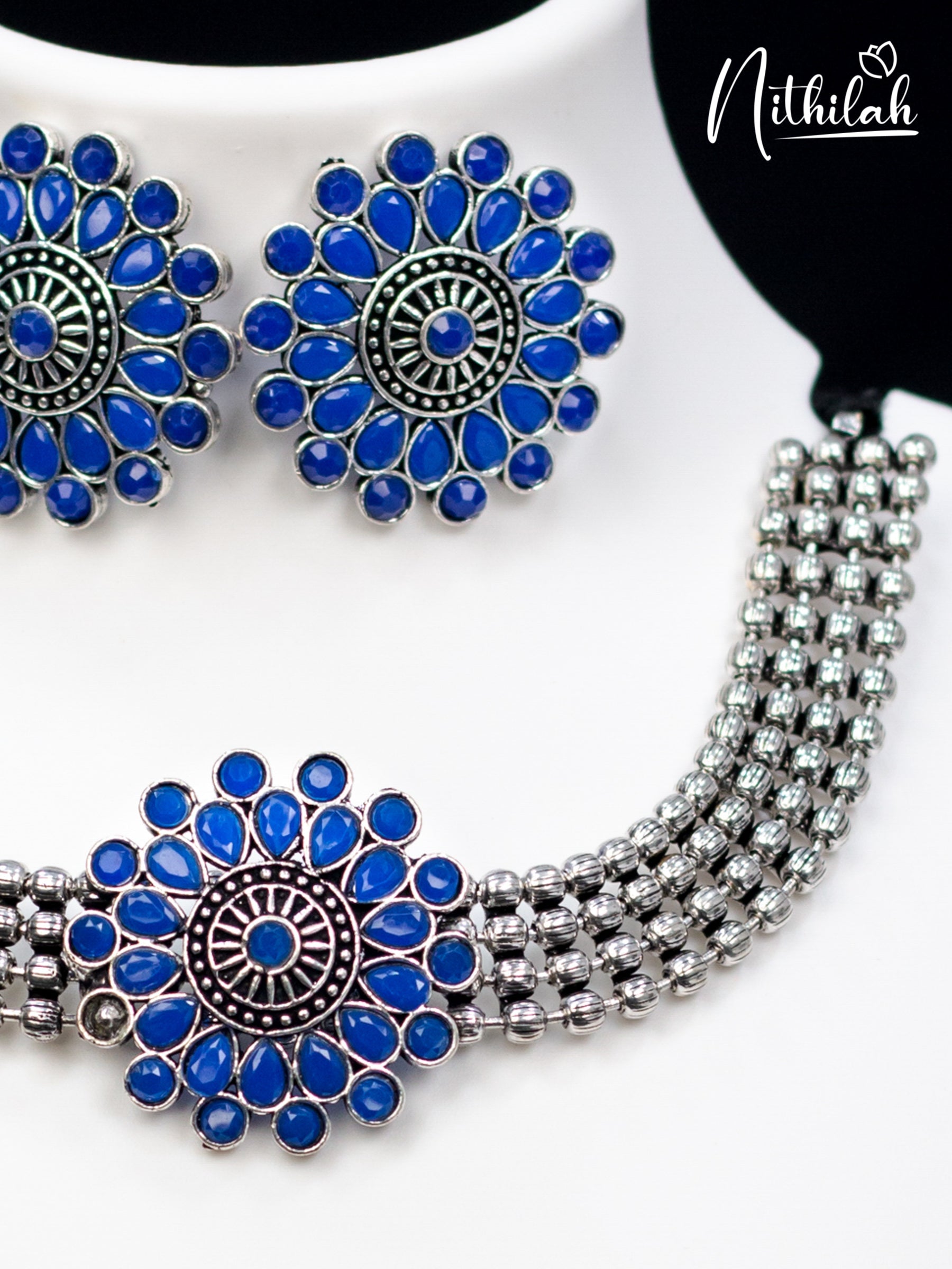 Buy Blue Flower Center Oxidised Choker Necklace | Oxidised Necklace