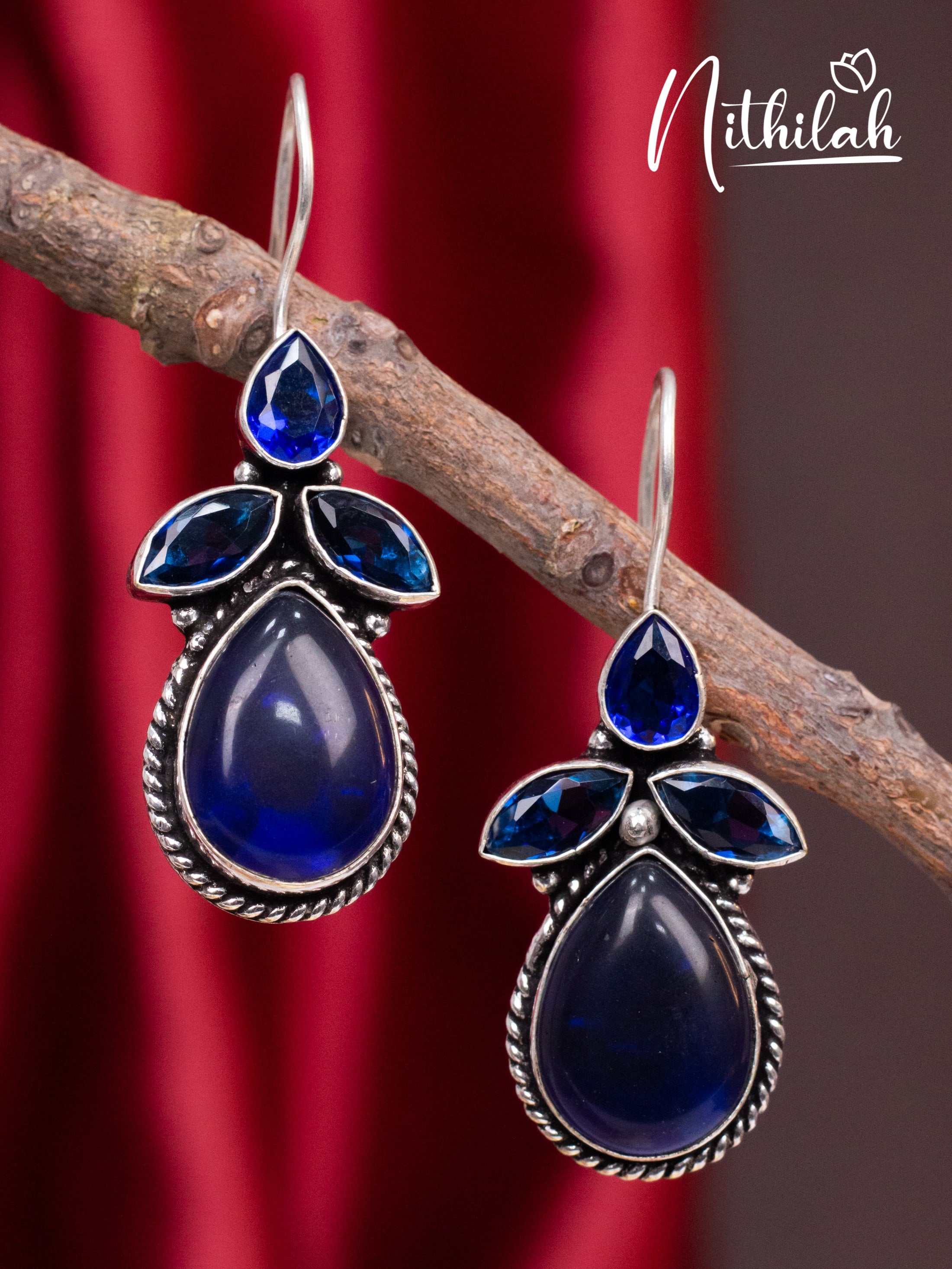 Blue Hanging Leaf Drops Oxidised Earrings N10E200
