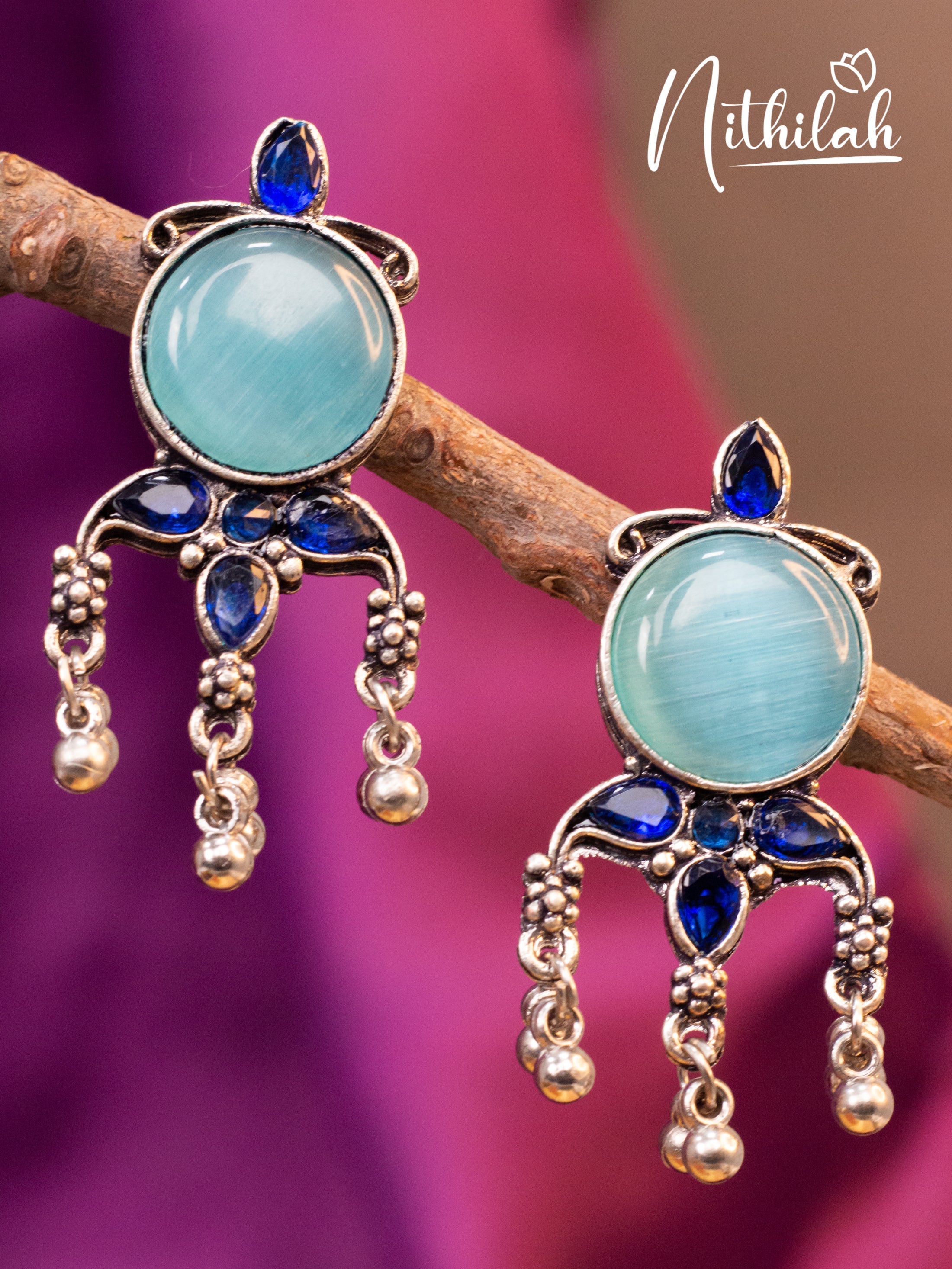 Blue Stone Drops Oxidised Earrings N19E120