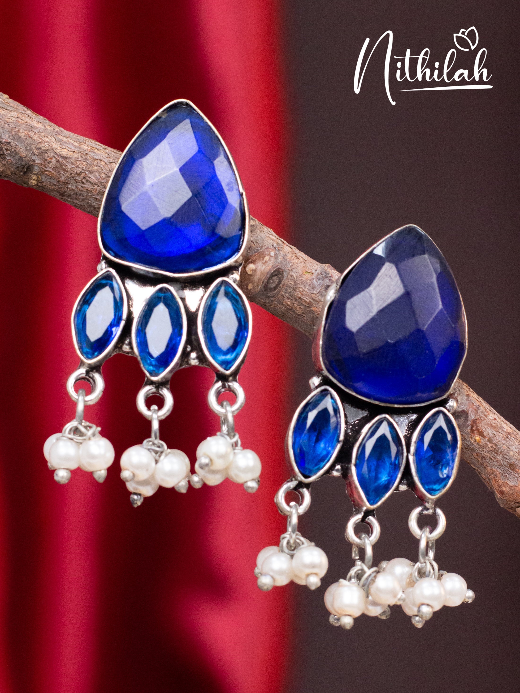 Blue Triangle Stone Oxidised Earrings N10E206