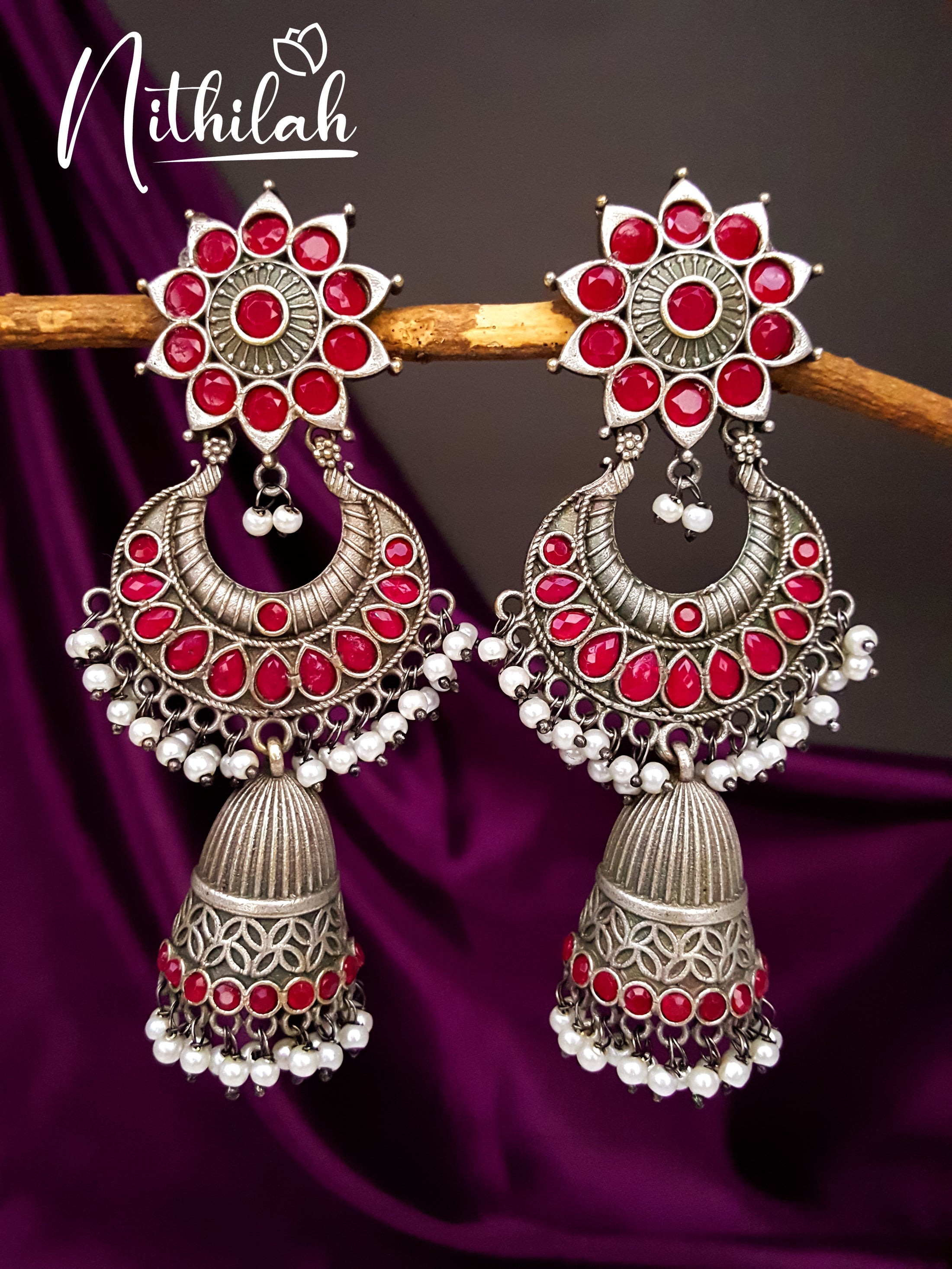 Nithilah Chandbali Jhumka Oxidised Earring - Red
