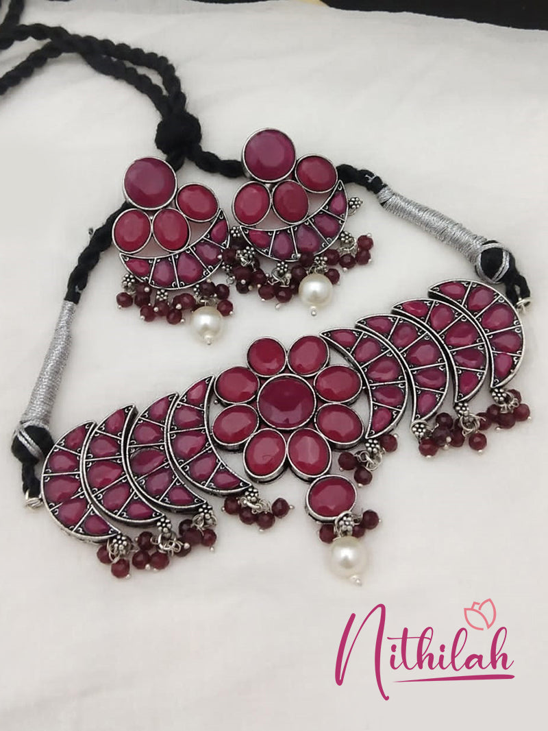 Buy Red Oxidised Choker Necklace Flower Center