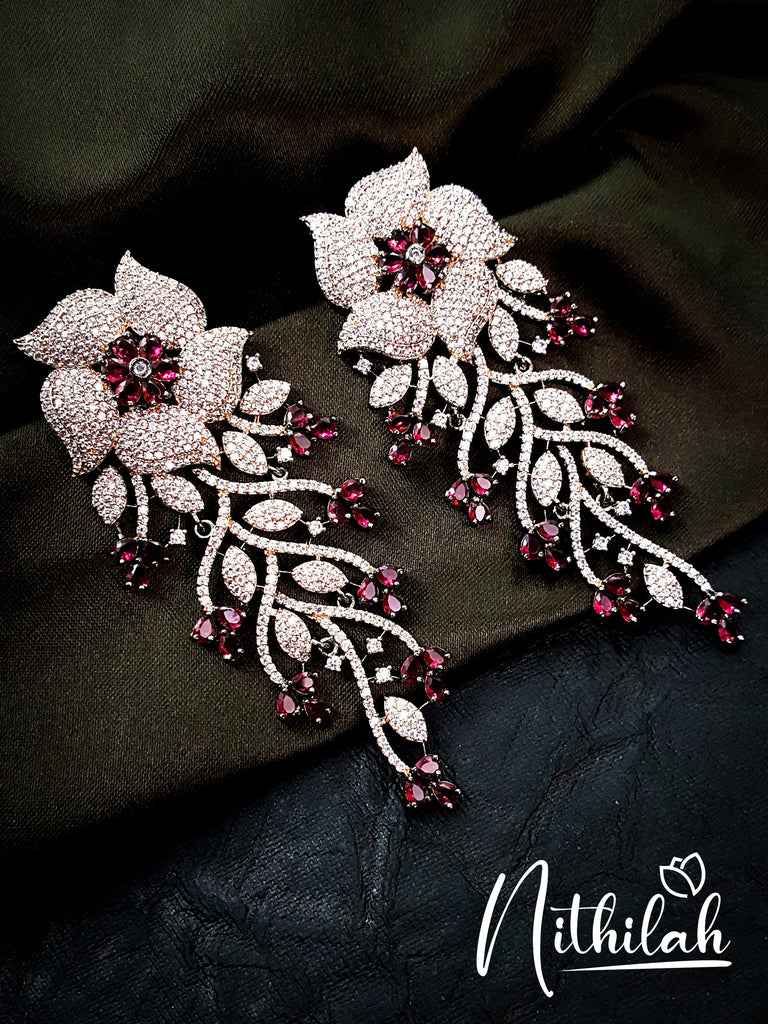 Buy Wine Red Flower Leaf Bunch Black Polish AD Earrings Nithilah