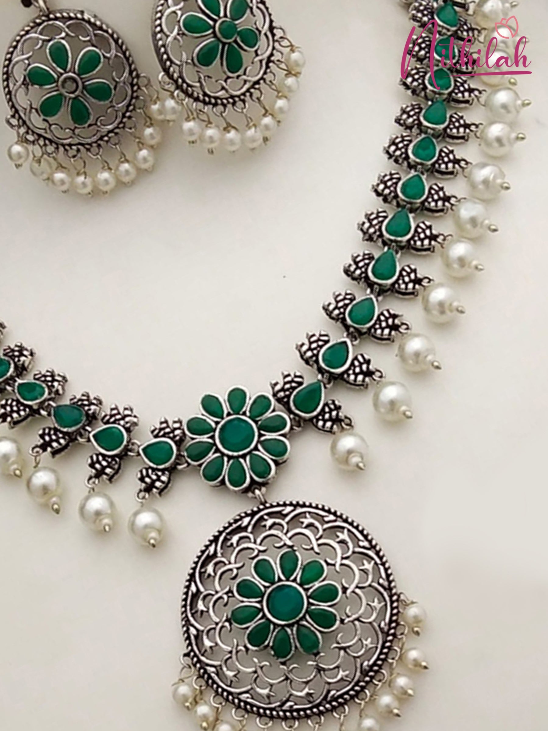 Buy Flower Pearl Green Oxidised Silver Necklace 