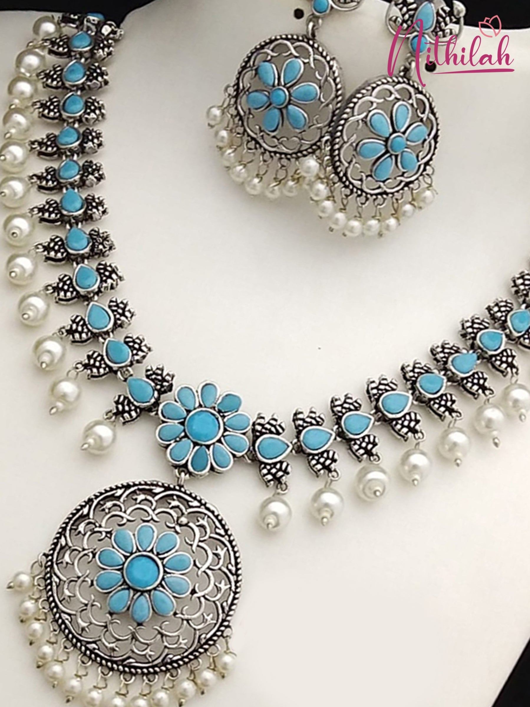 Buy Light Blue Flower Pearl Oxidised Silver Necklace 