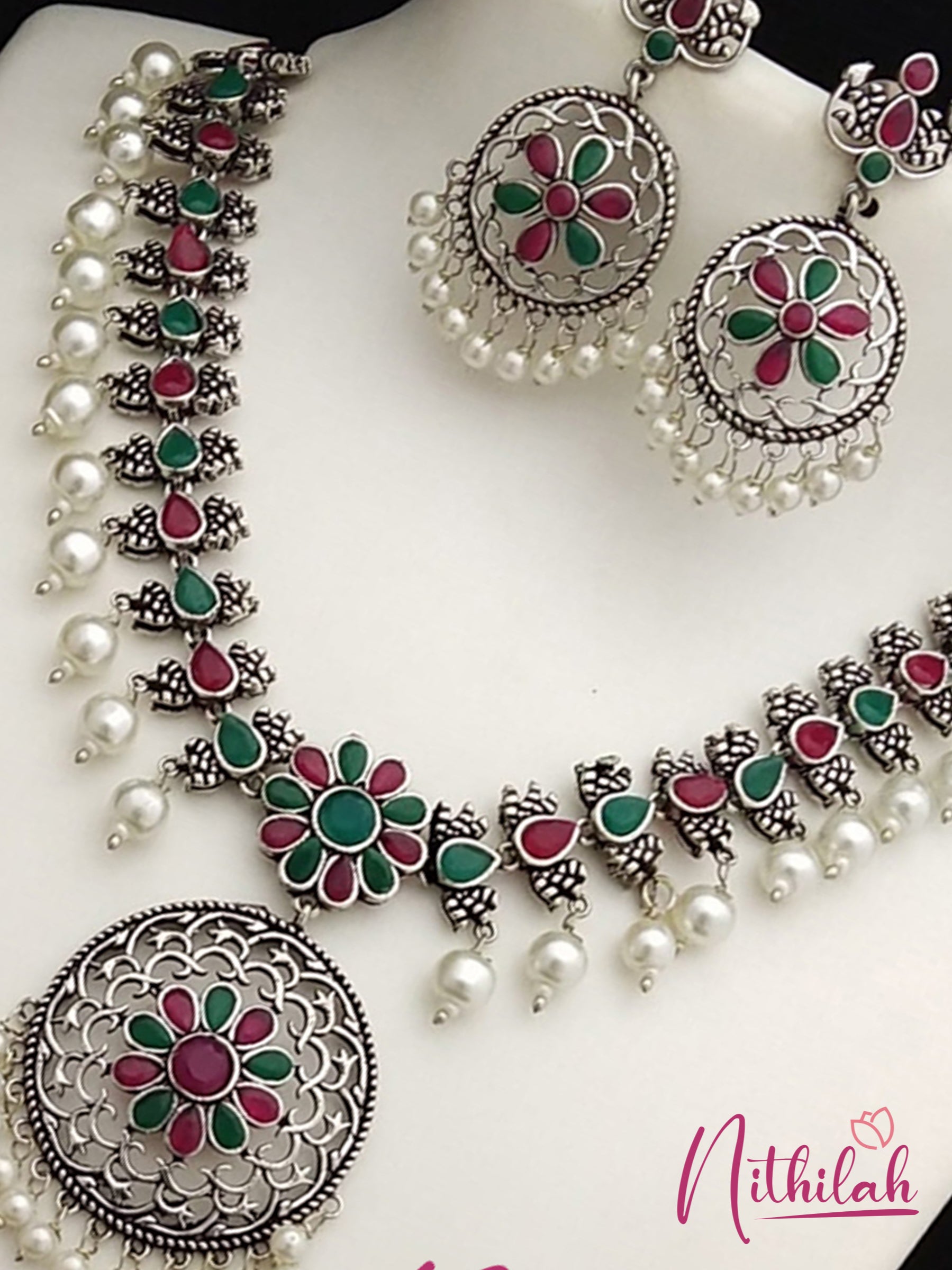 Buy Red Green Flower Pearl Oxidised Silver Necklace