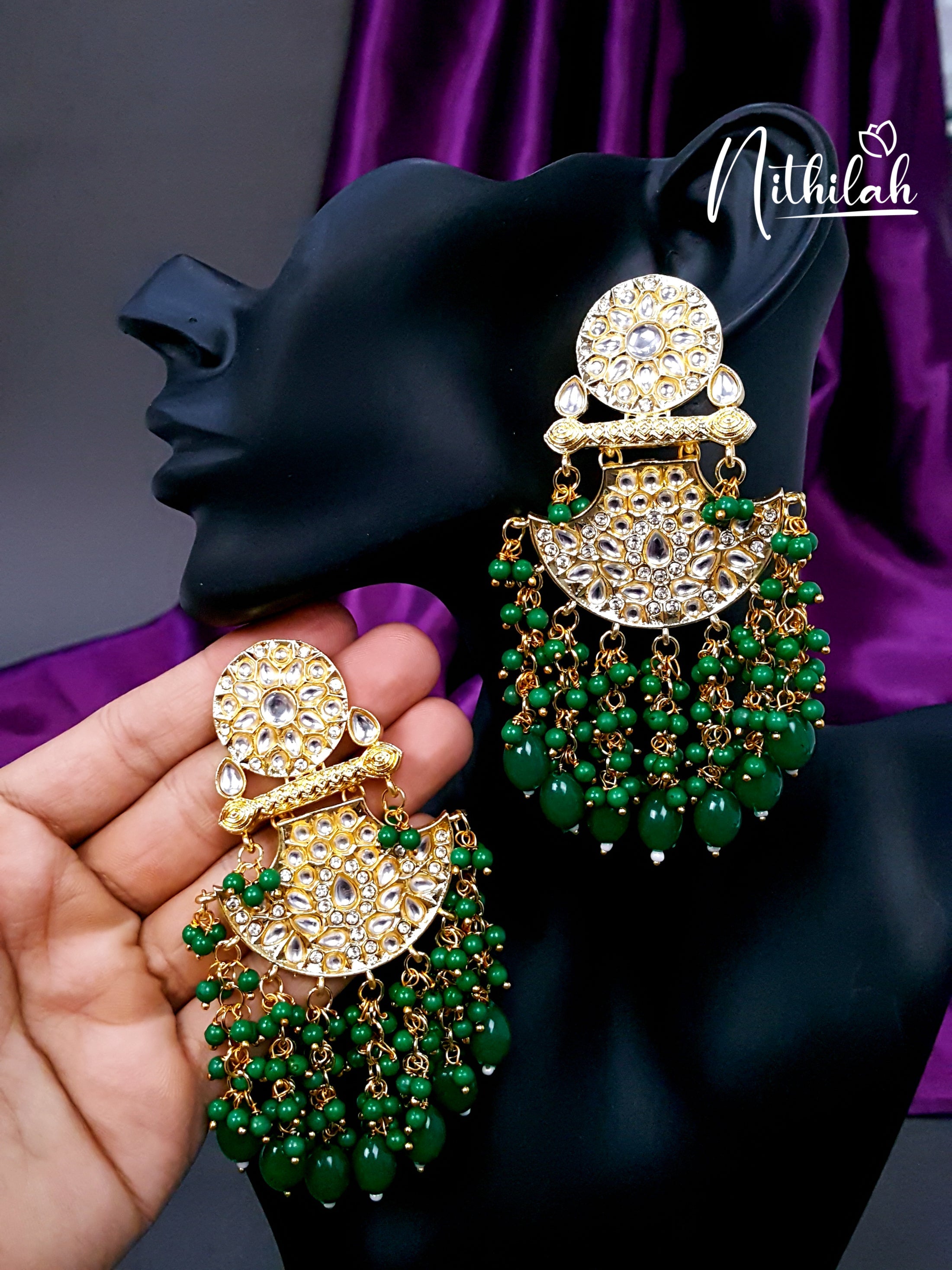 Green Beads Kundan Chandelier Earrings