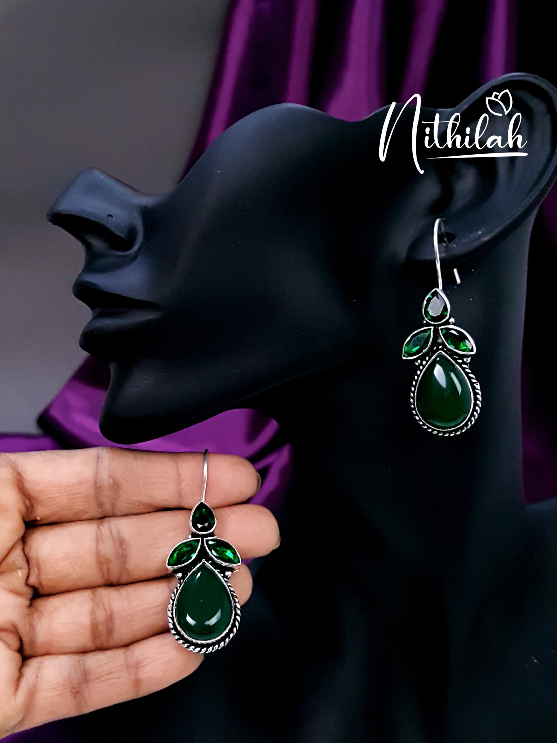Green Hanging Leaf Drops Oxidised Earrings