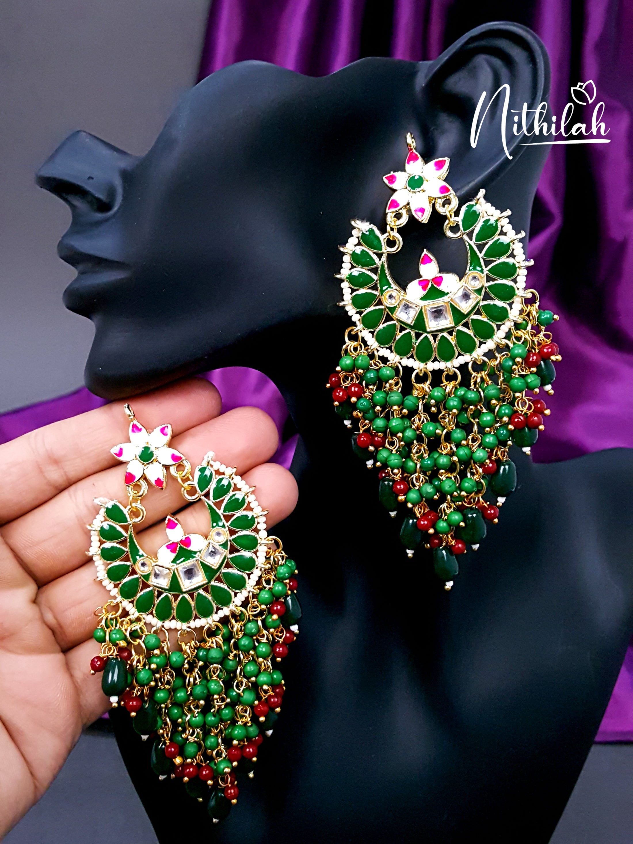 Green Meenakari Chandbali Chandelier Earrings