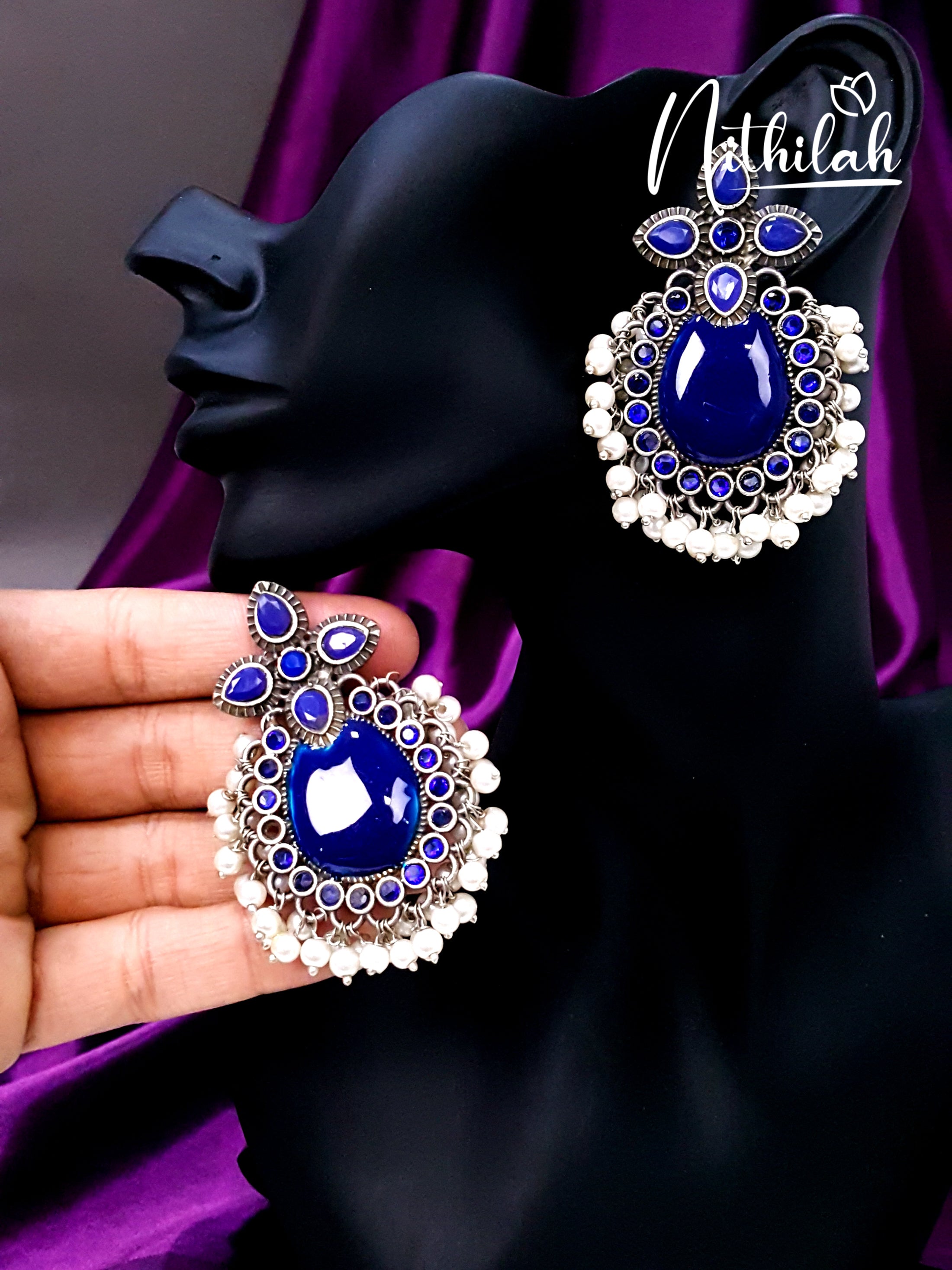 Guttapusalu Oxidised Silver Earrings -Blue