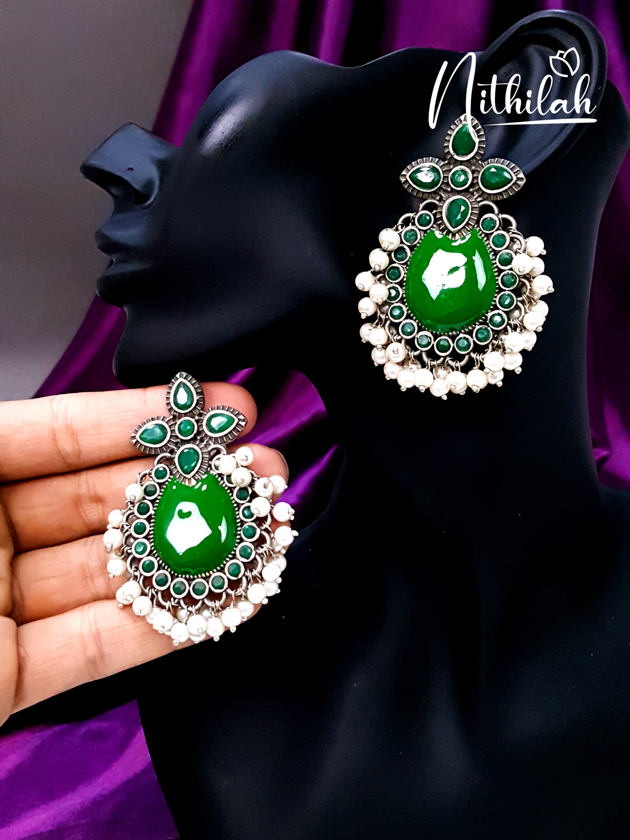 Guttapusalu Oxidised Silver Earrings - Green