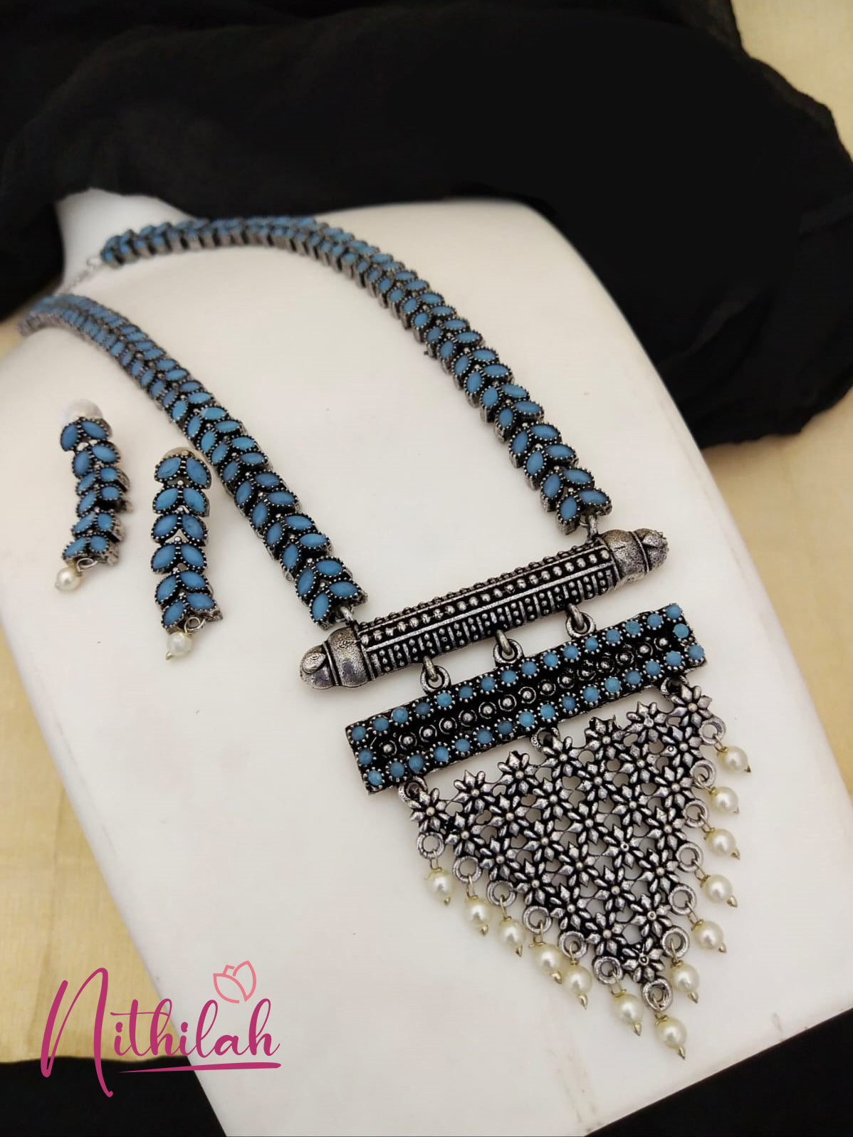 Buy Imitation Jewellery Grape bunch Style Oxidised Short Haram - Light Blue NSKH120 Online