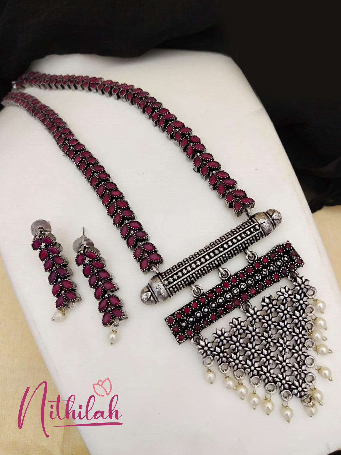 Buy Imitation Jewellery Grape bunch Style Oxidised Short Haram - Red NSKH123 Online