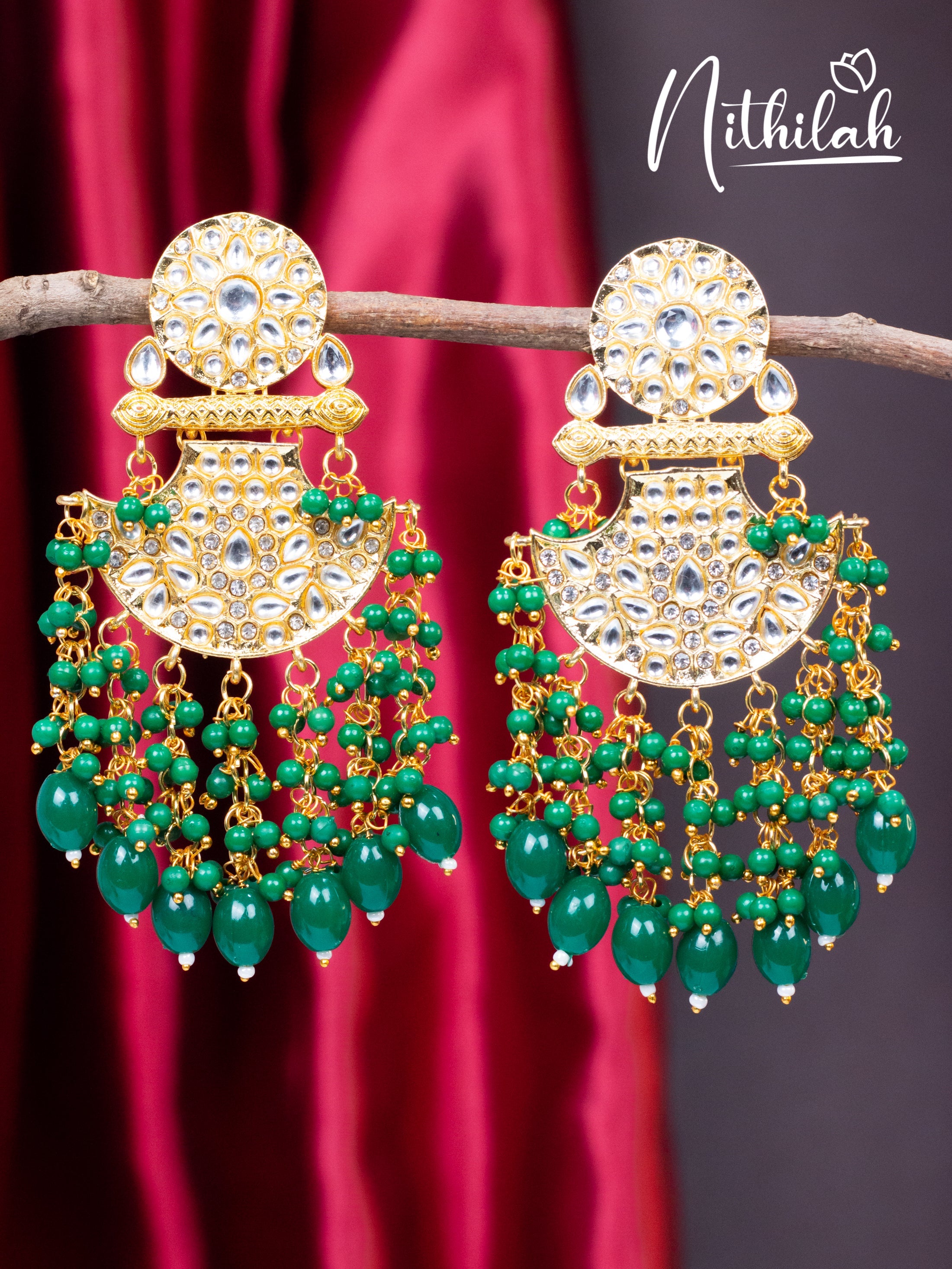 Green Beads Kundan Chandelier Earrings N19E142