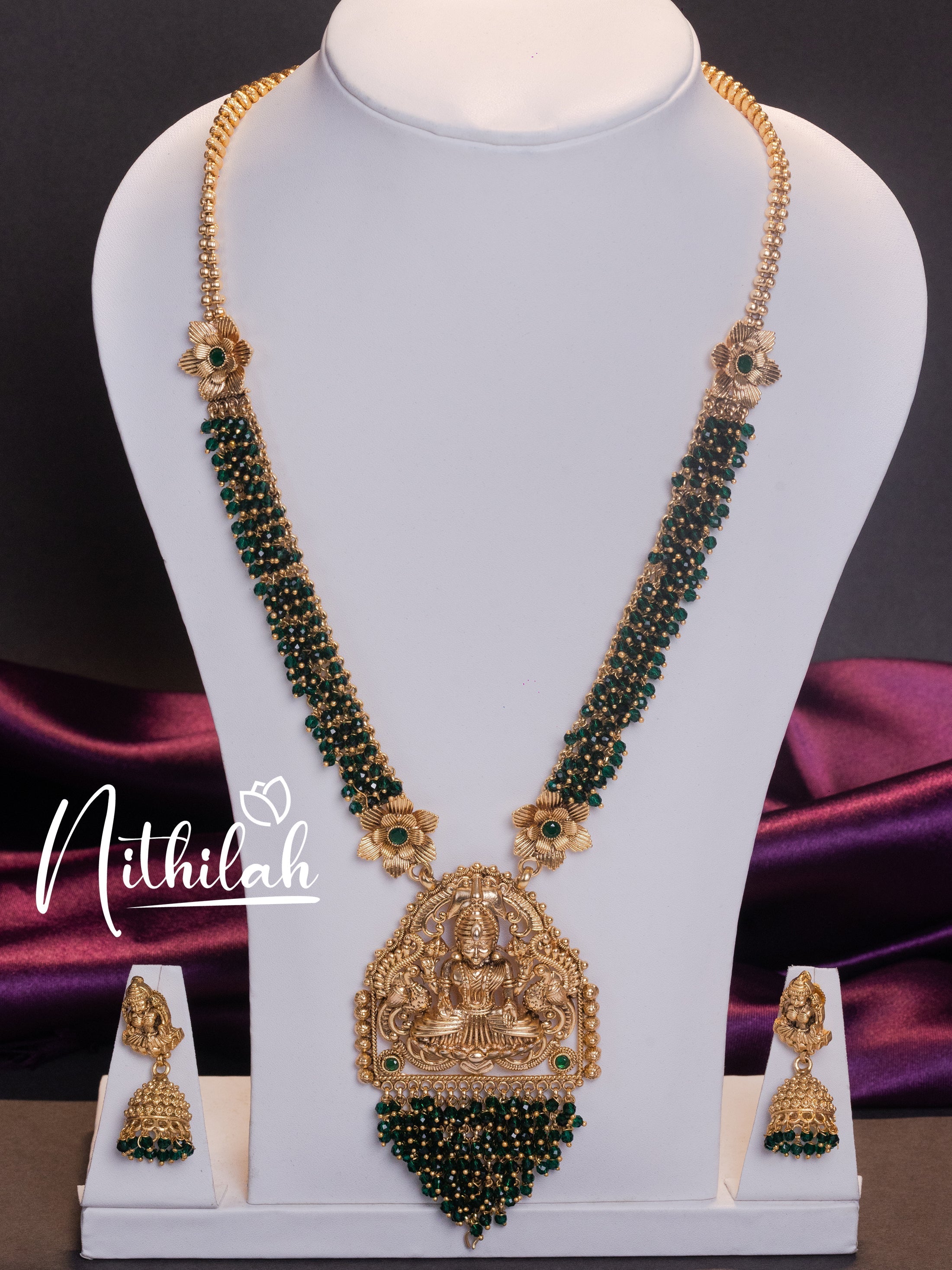 Buy Imitation Jewellery Green Crystal Beads Lakshmi Haram NZAH116 Online