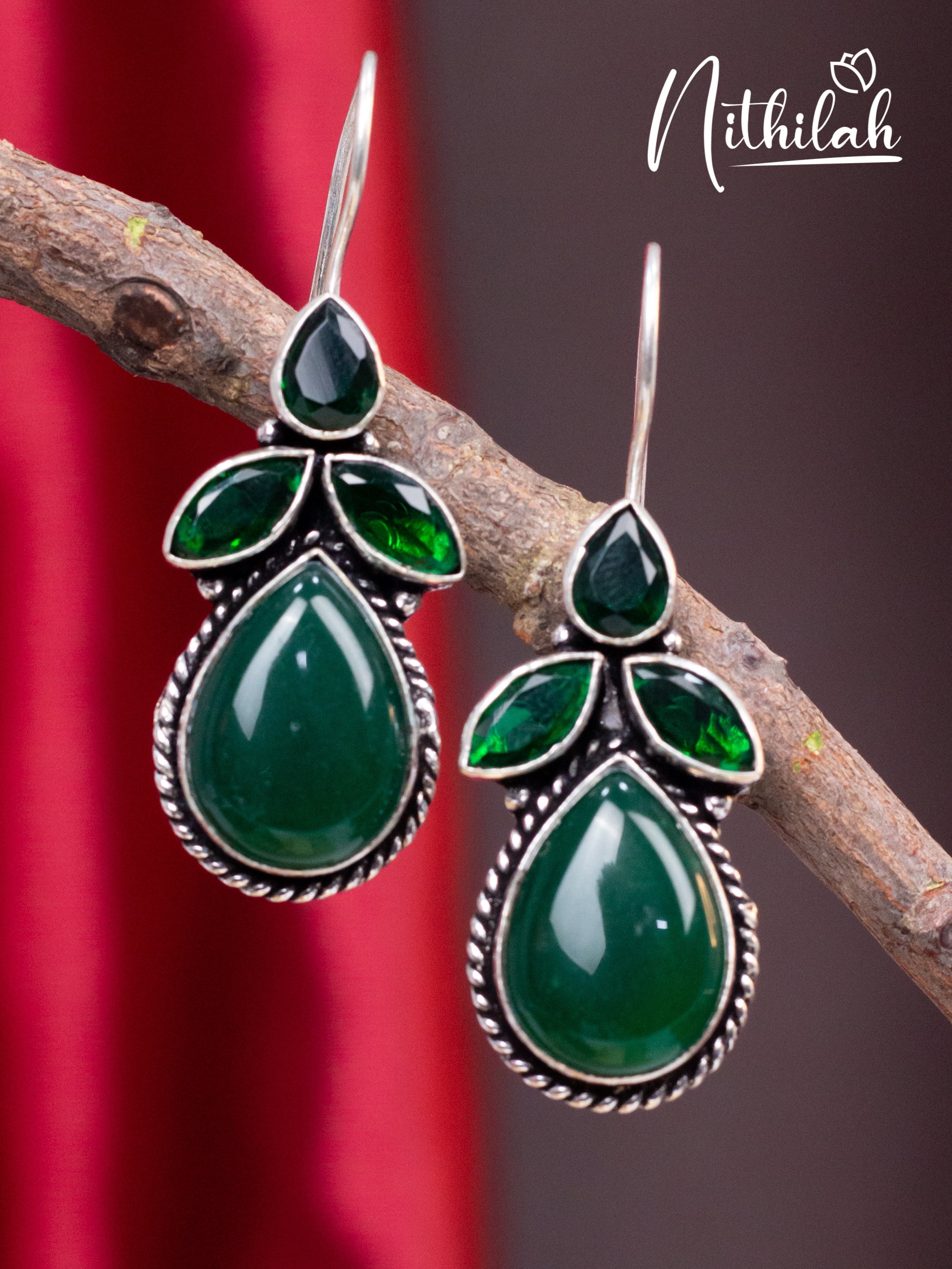 Green Hanging Leaf Drops Oxidised Earrings N10E204