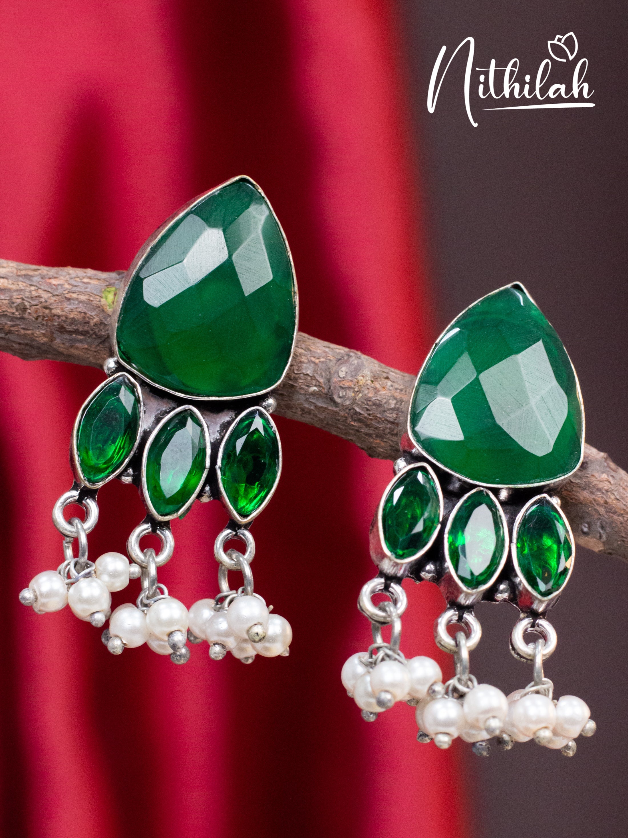 Green Triangle Stone Oxidised Earrings N10E208