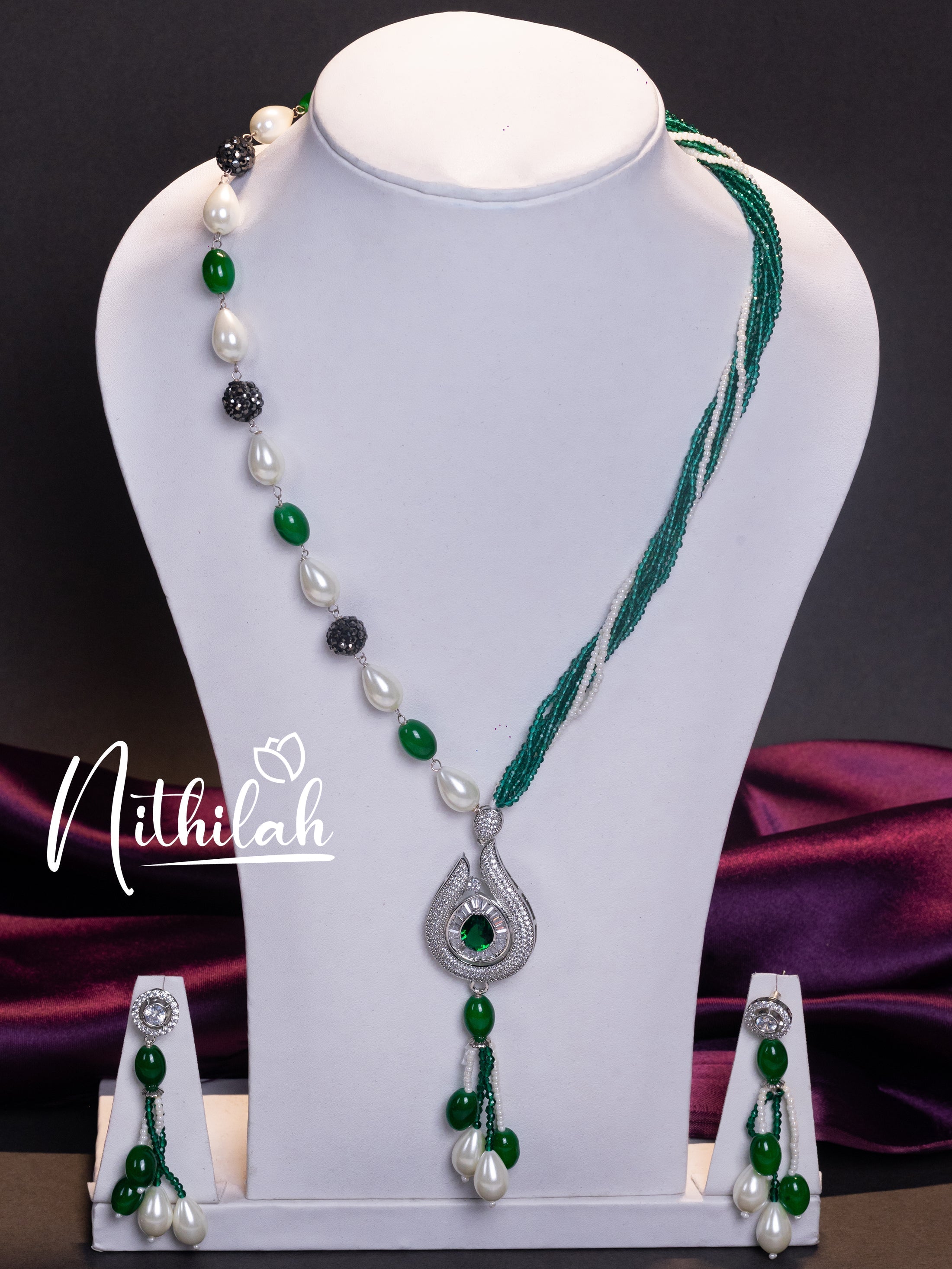 Buy Imitation Jewellery Green and White Beads American Diamond Haram NZAH104 Online