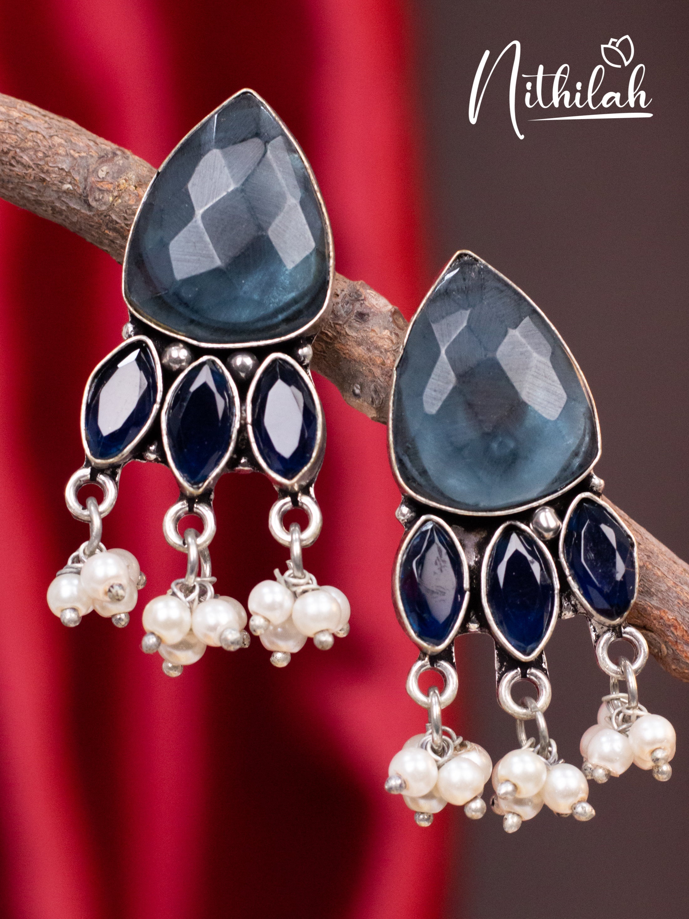 Grey Triangle Stone Oxidised Earrings N10E205