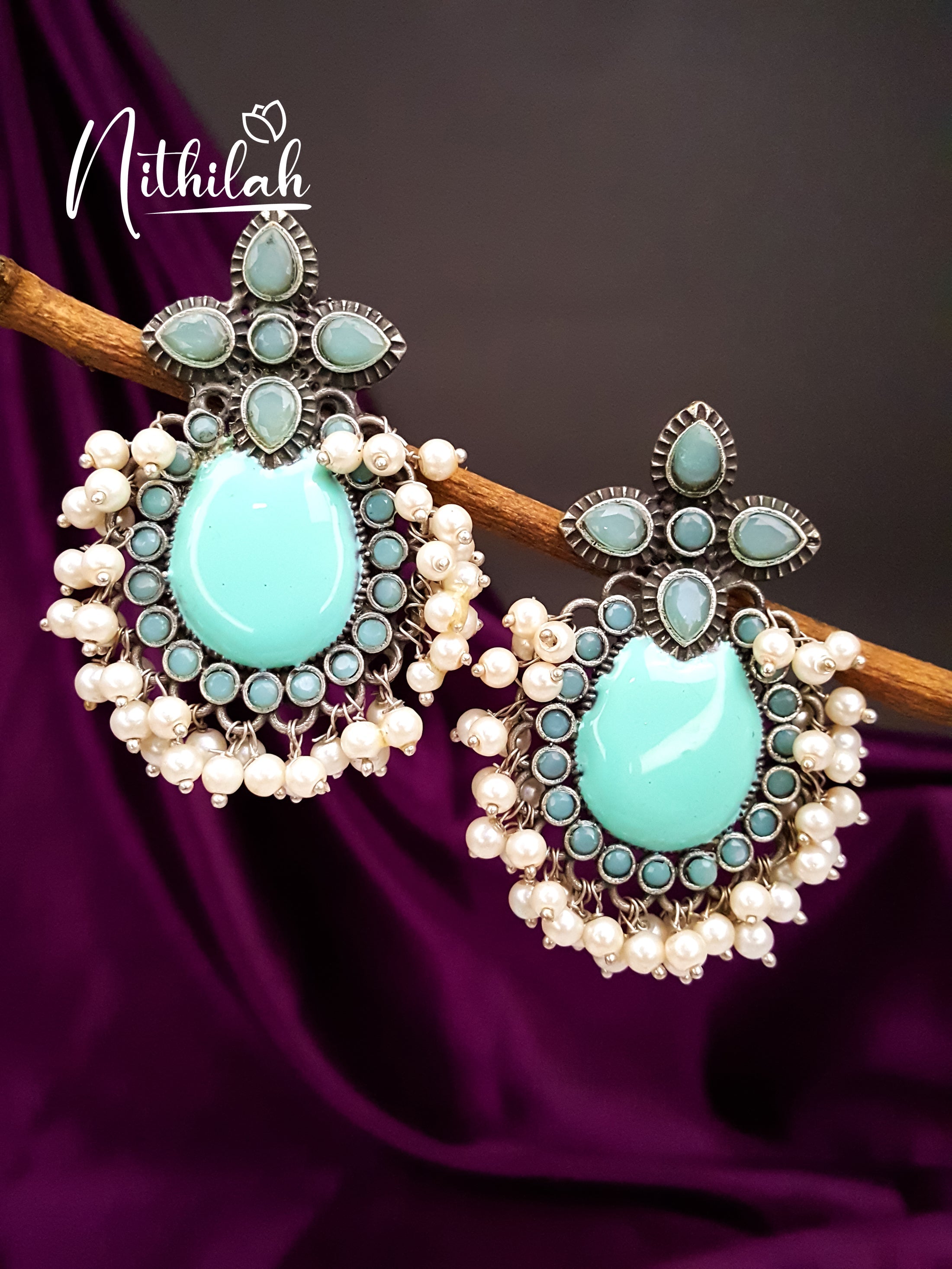 Buy Imitation Jewellery Guttapusalu Oxidised Silver Earrings - Light Blue NRTE108 Online