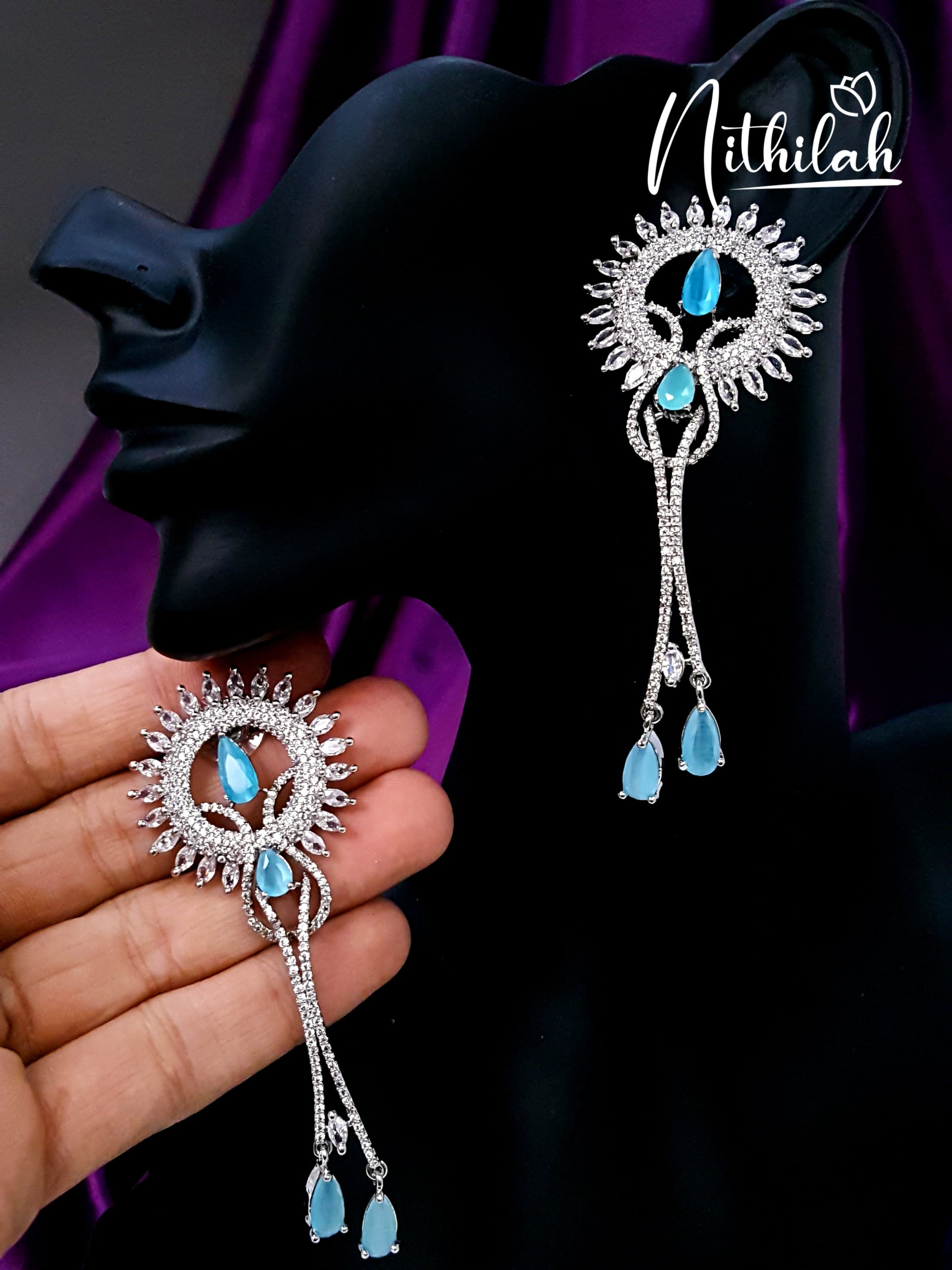 Hanging Drops American Diamond Earrings - Blue