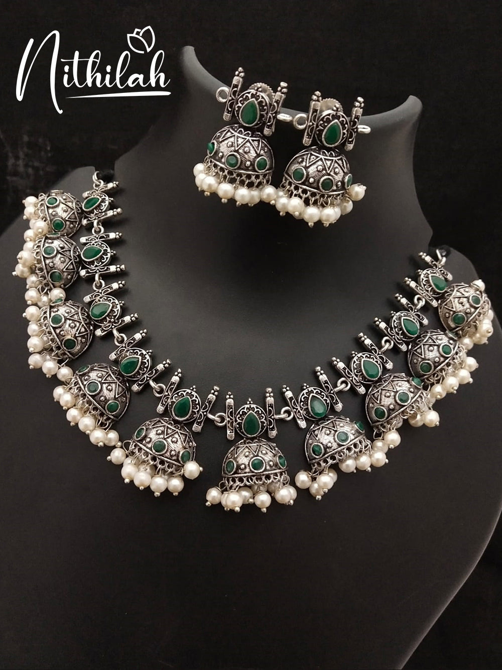 Buy Imitation Jewellery Half Jhumka Oxidised Silver Necklace - Green NSKN173 Online