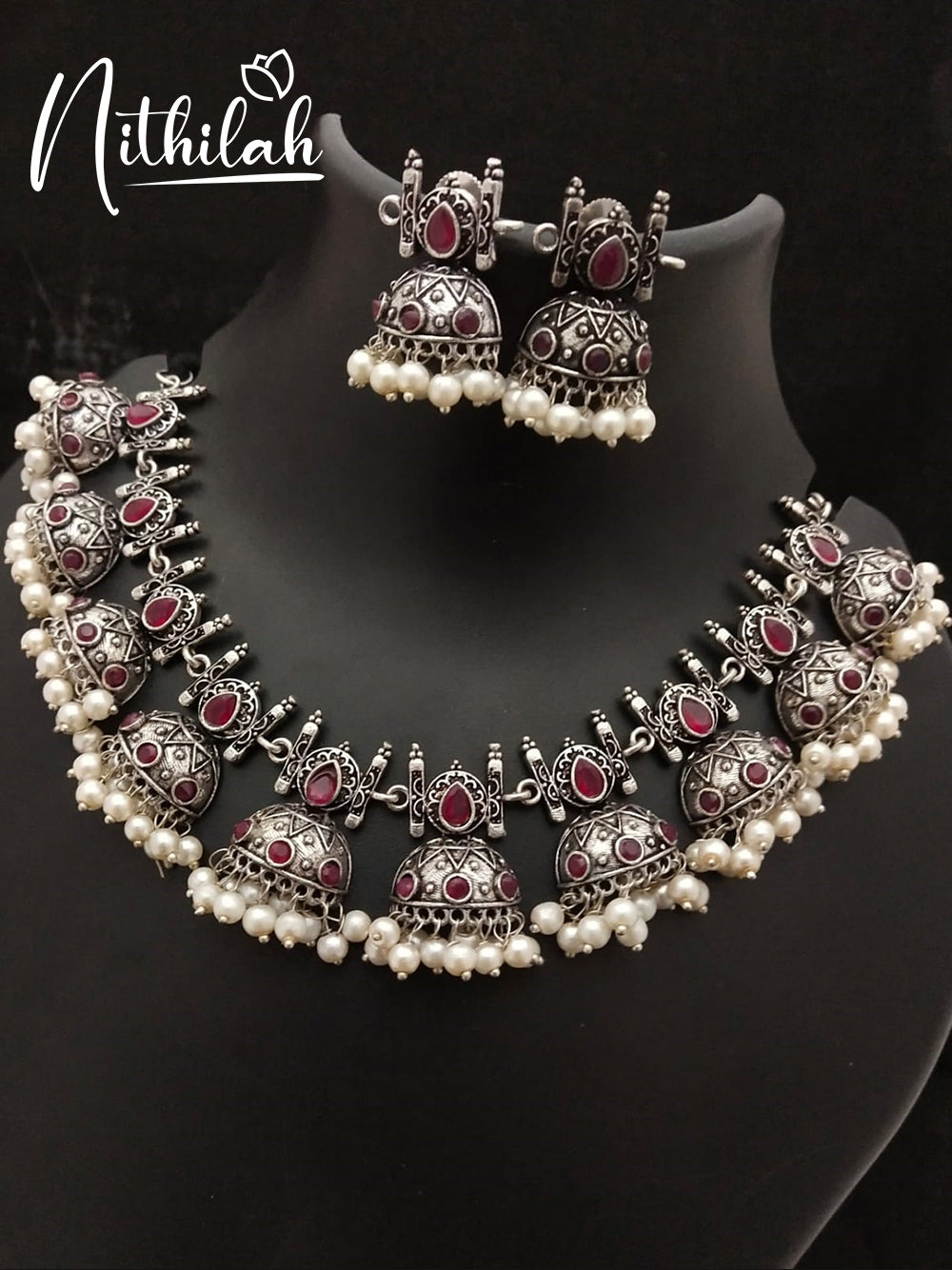 Buy Imitation Jewellery Half Jhumka Oxidised Silver Necklace - Red NSKN172 Online