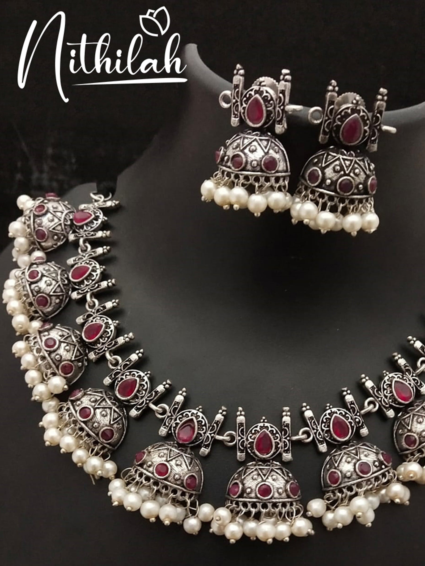 Half Jhumka Oxidised Silver Necklace - Red