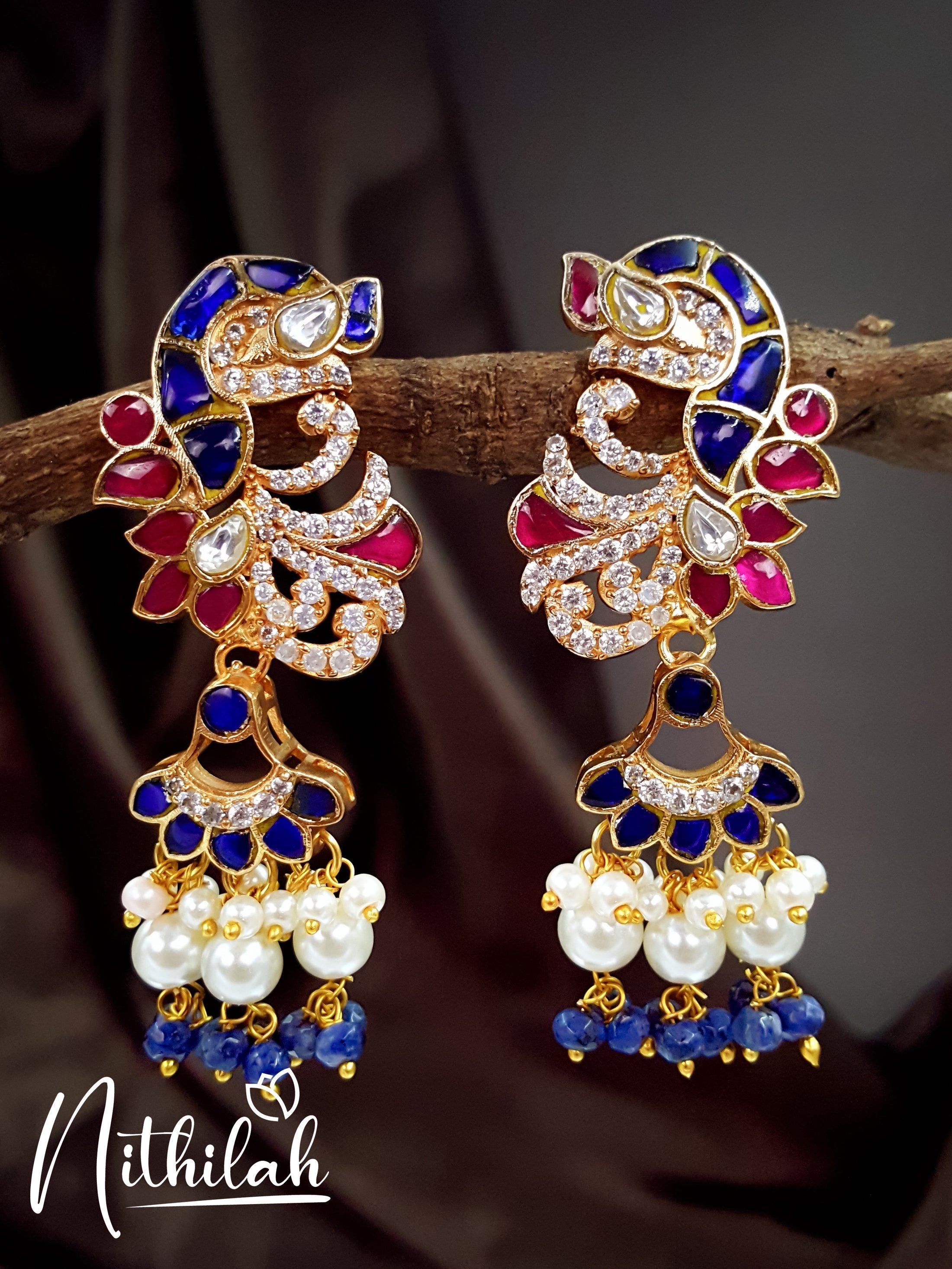 kundan Jadau Jewellery | Buy Drop Earrings with Blue & Pink Stone