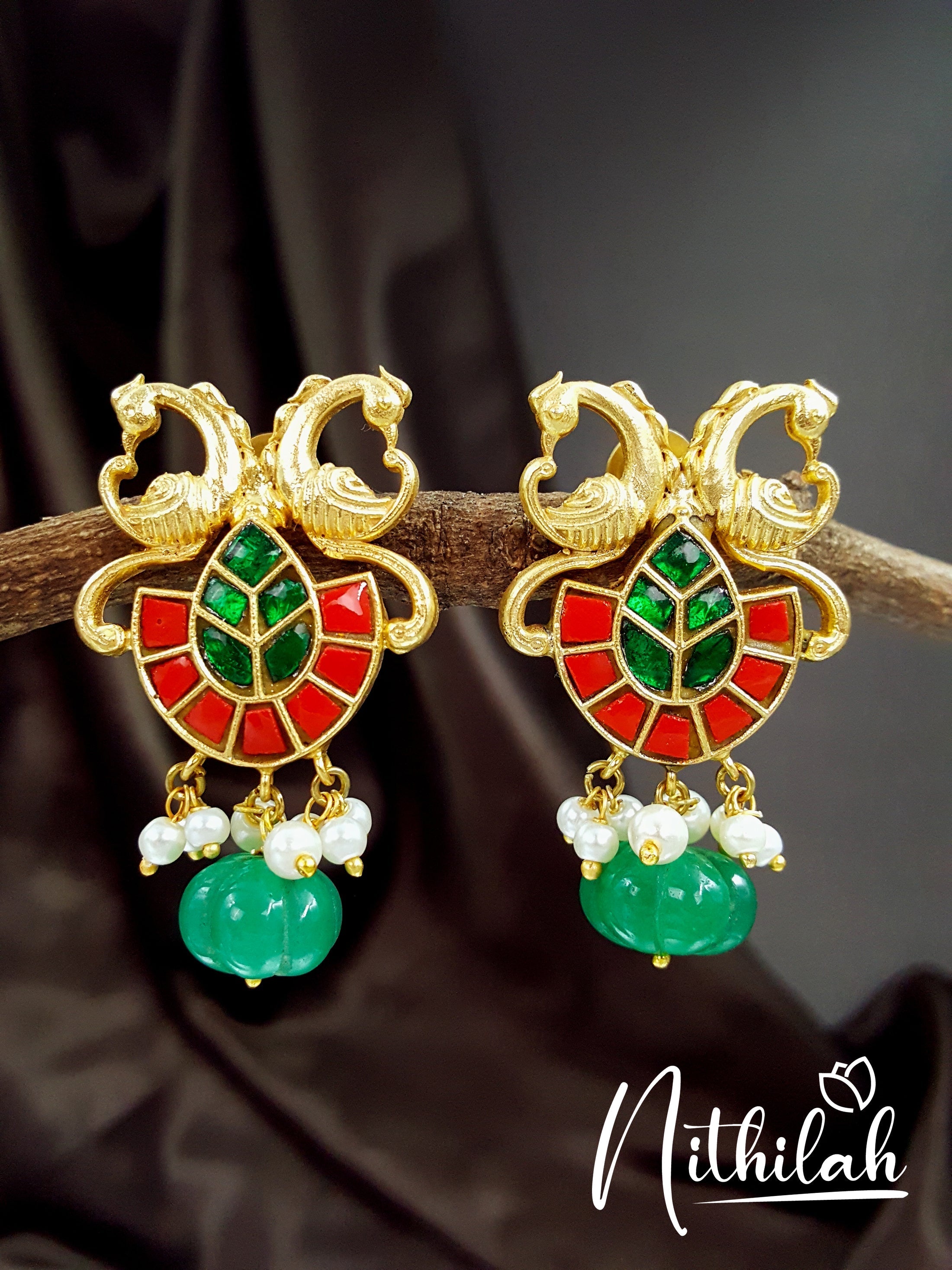 Kundan Jadau Coral Green Stone Peacock Earrings NSIE115