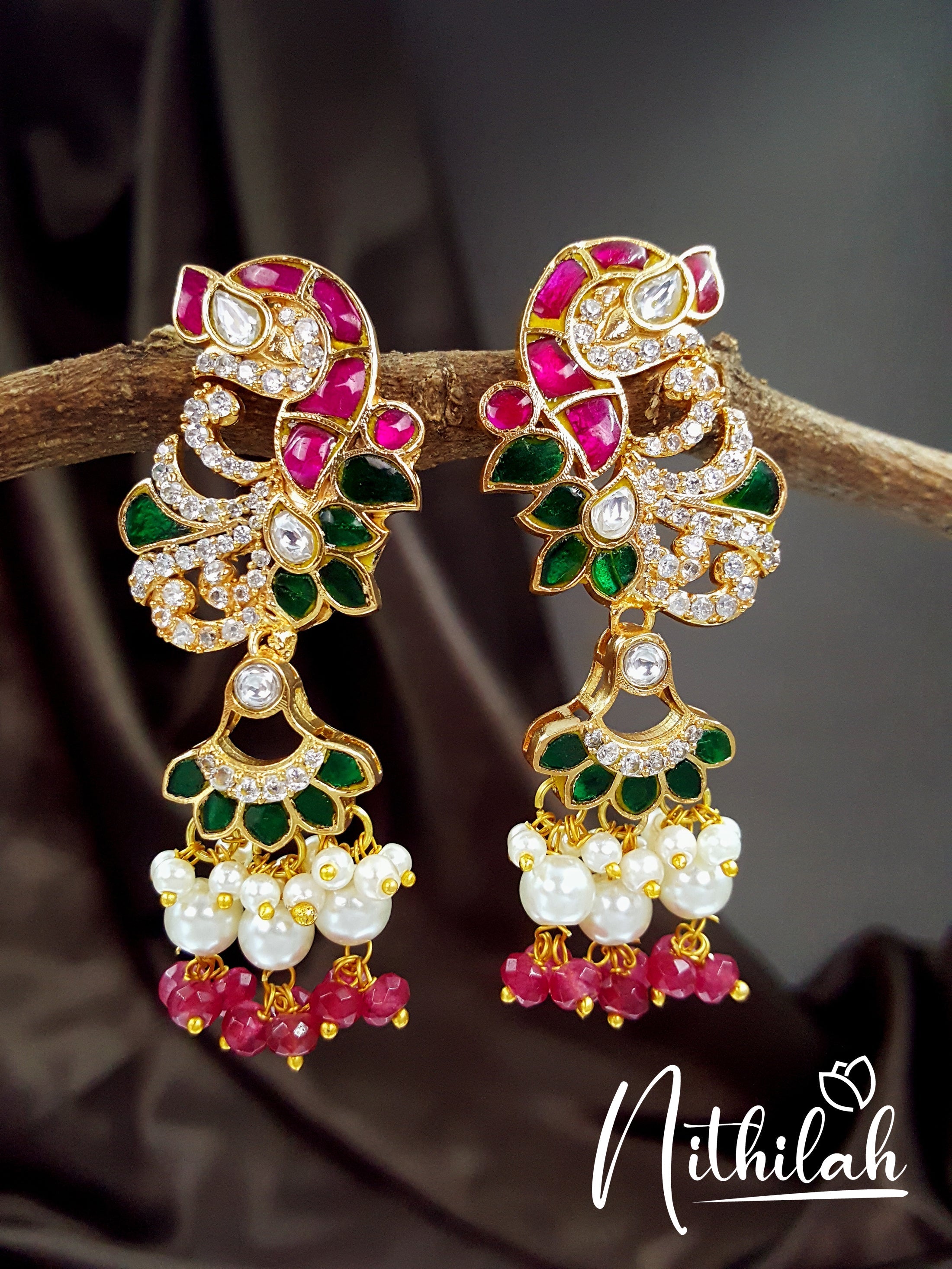 Buy Imitation Jewellery Kundan Jadau Green and Pink Stone Earring Drops NSIE116 Online