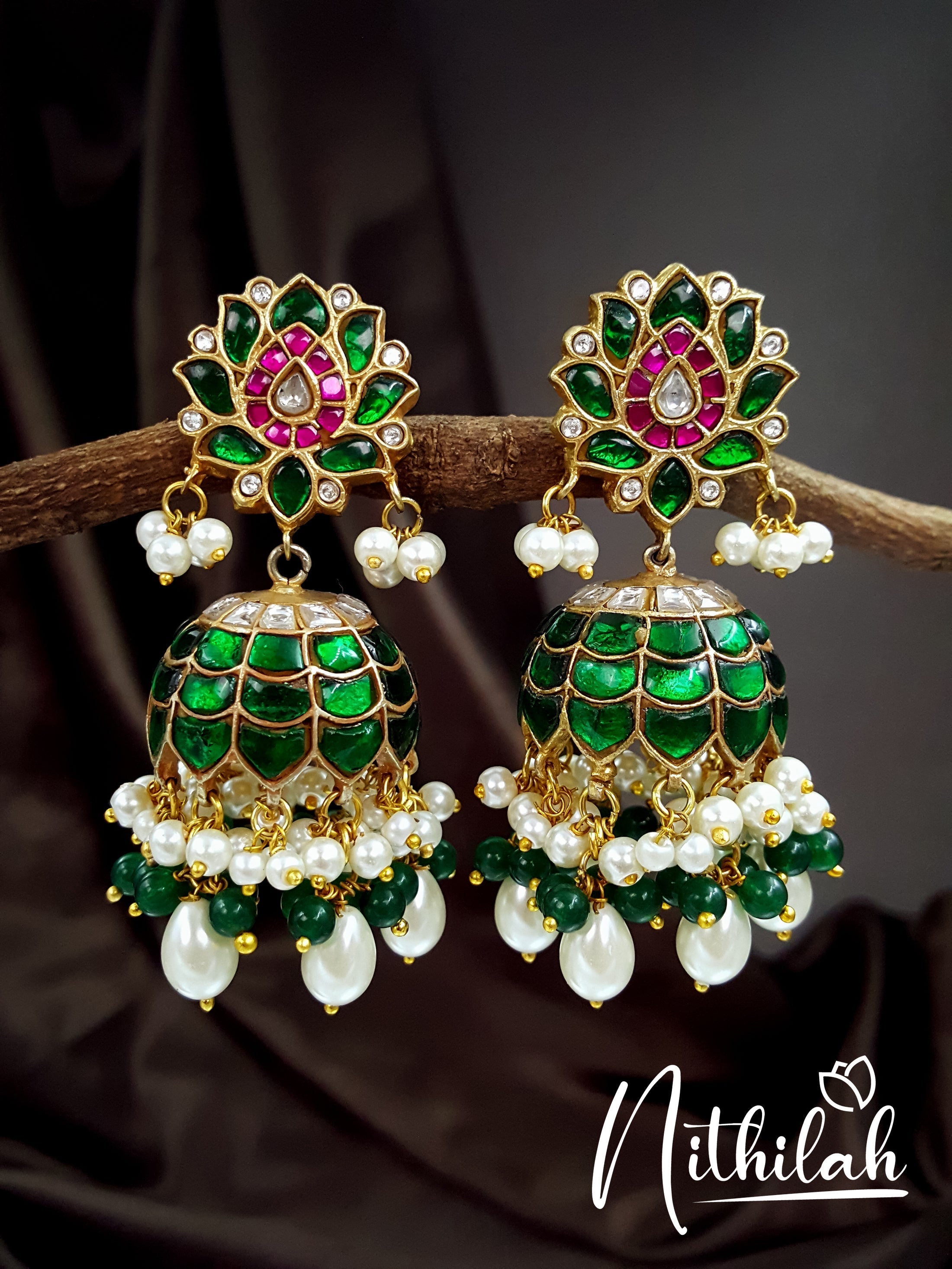 Kundan Jadau Lotus Jhumka Earrings - Green NSIE111