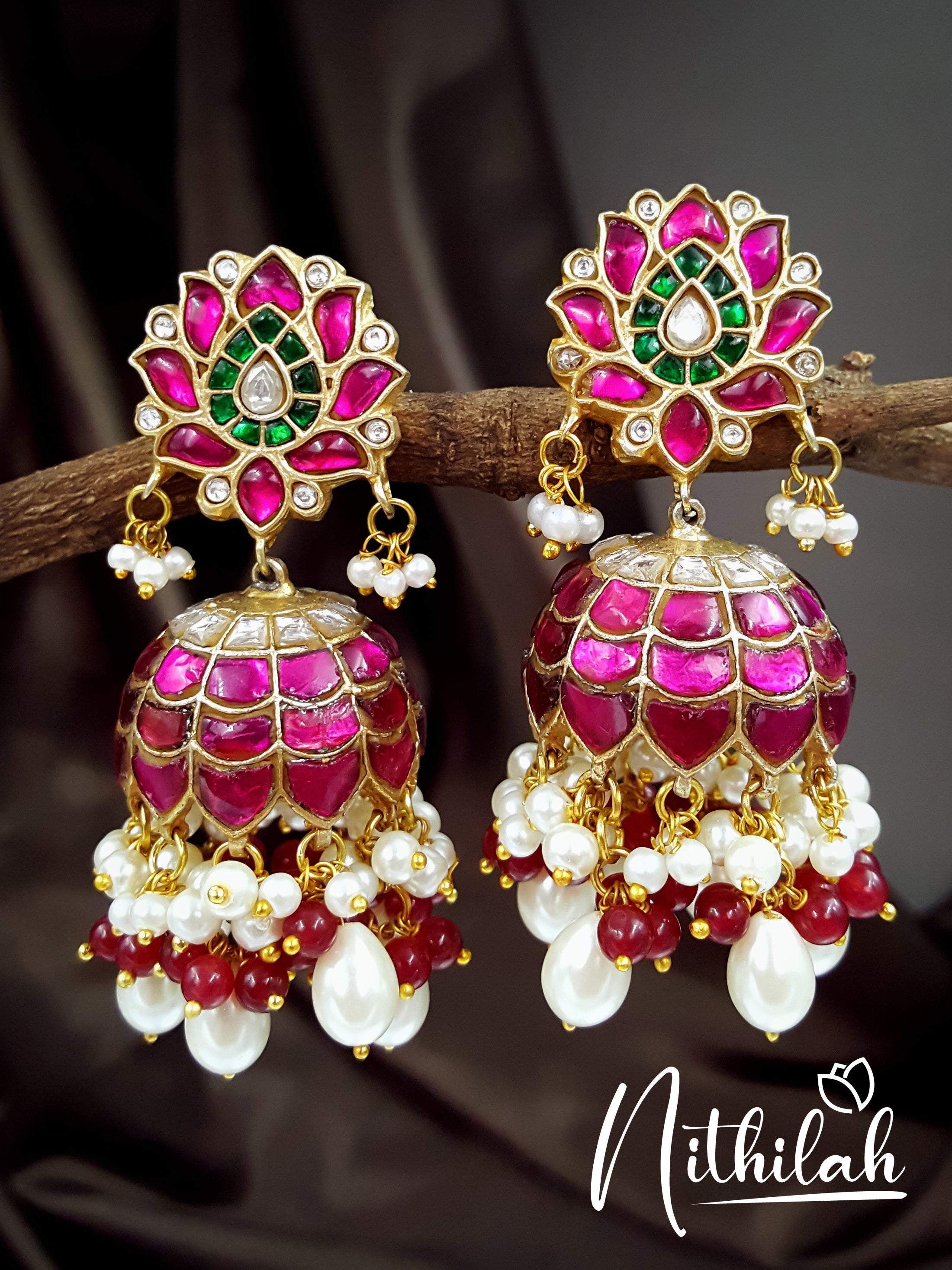 Kundan Jadau Lotus Jhumka Earrings - Pink NSIE121