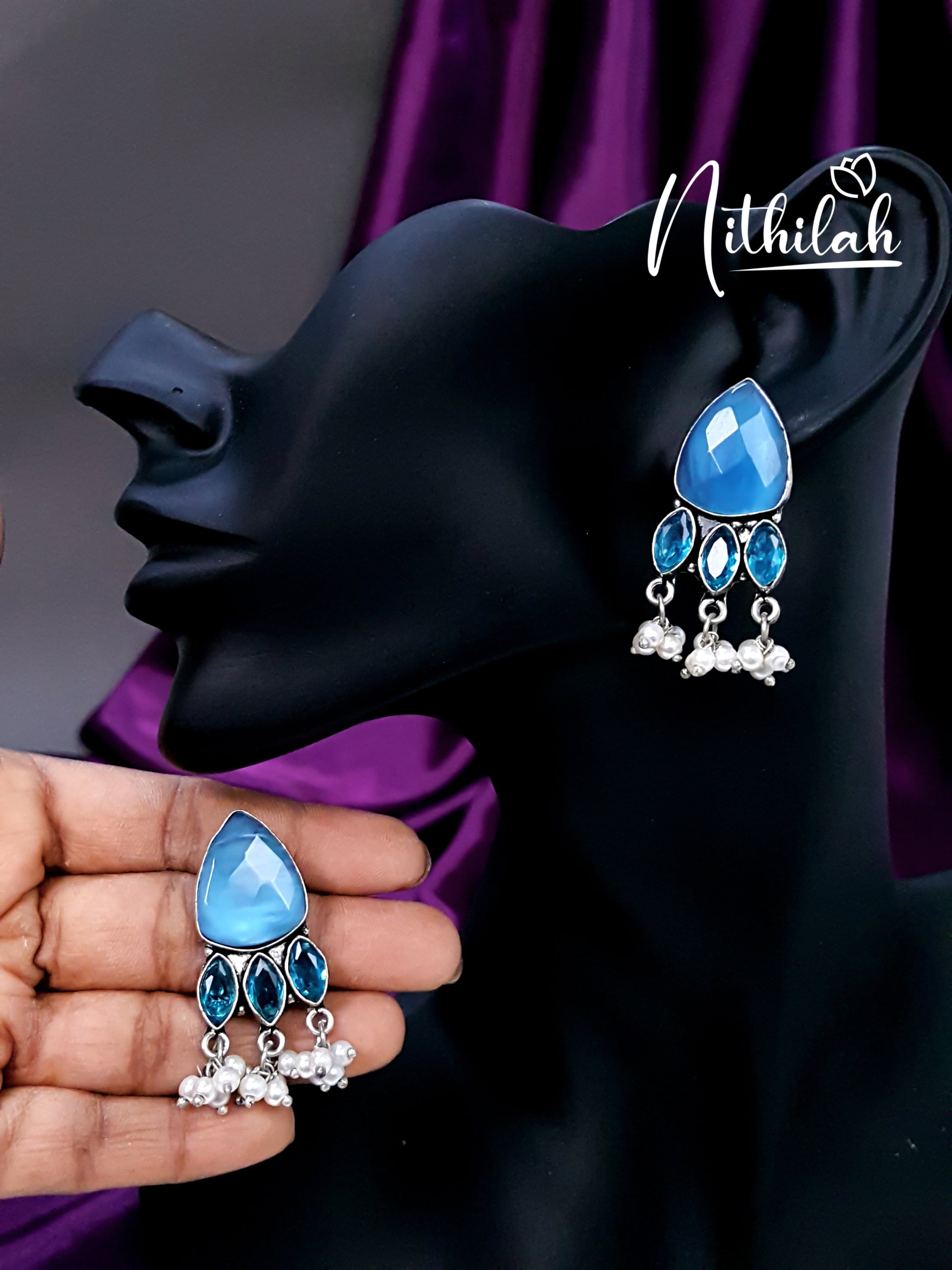 Light Blue Triangle Stone Oxidised Earrings